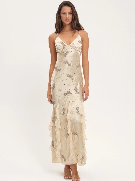 $798 NWT For Love And Lemons “Elea” Beaded Slip Maxi Dress in Cream Sz XXS