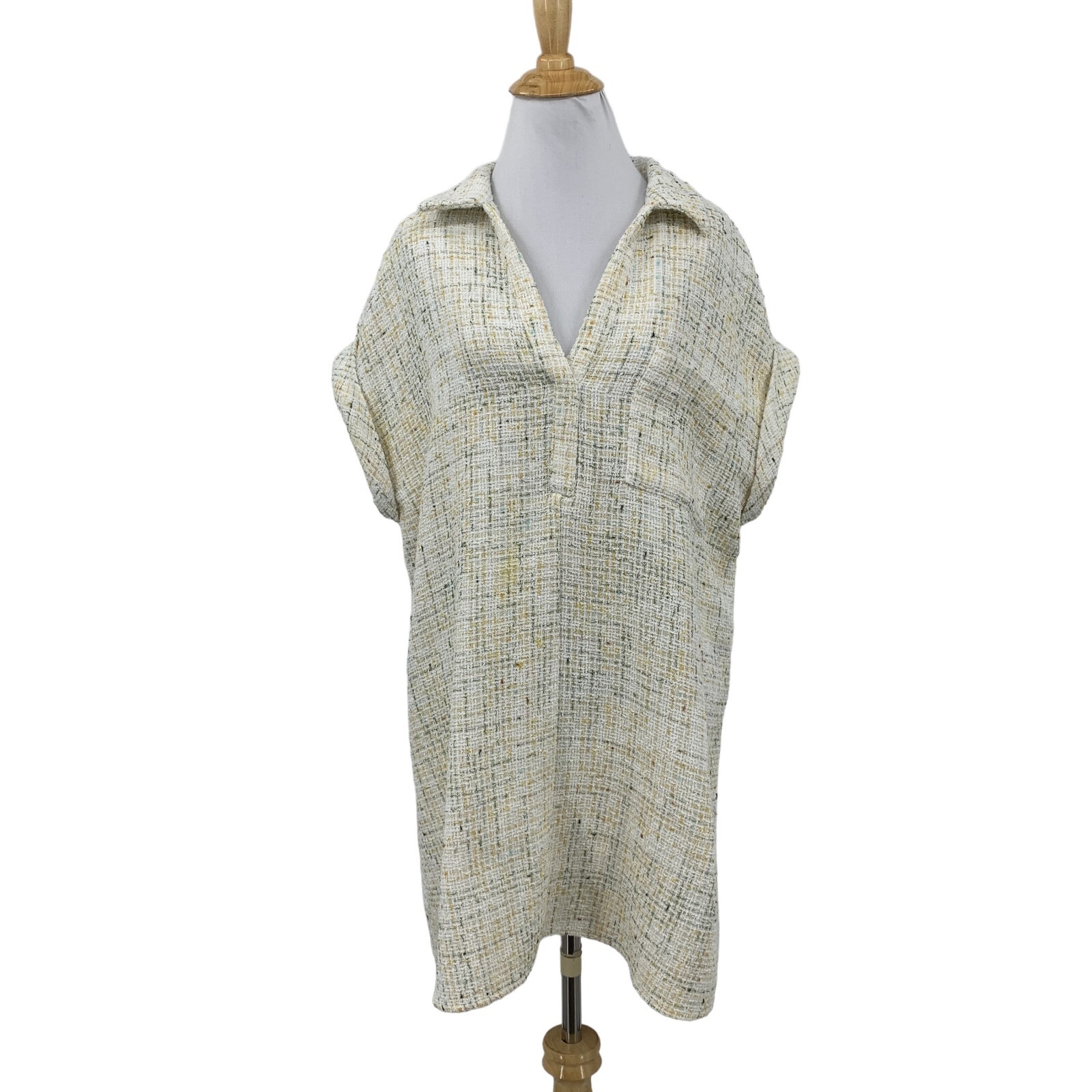 Zara Dress Women S Small Multi Weave Textured Collared V Neck Chest Pocket Tweed