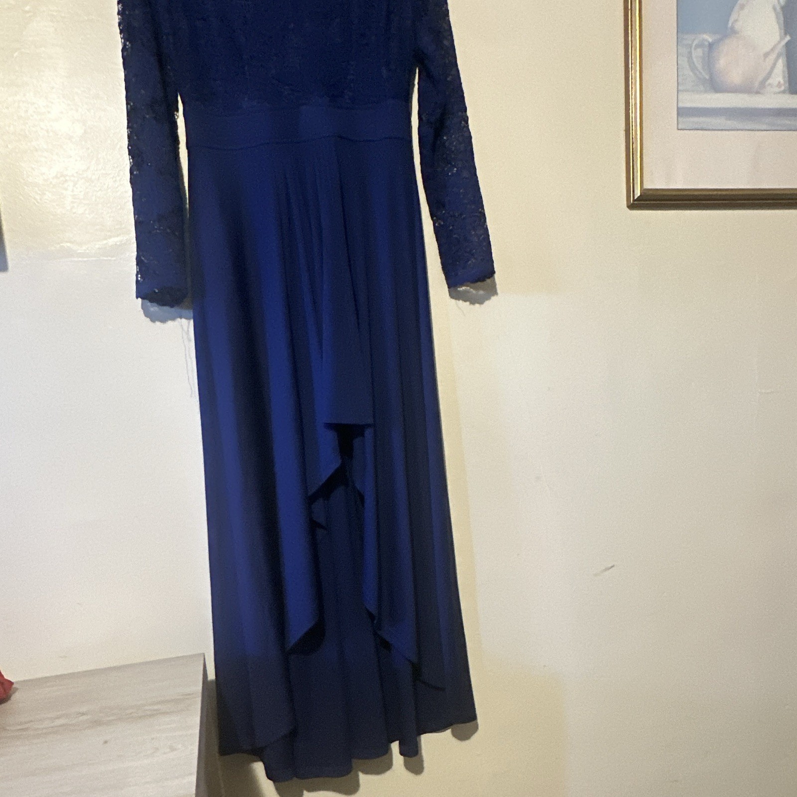 Womens M Blue Solid Lace V-Neck Long Sleeve Maxi Long Dress Polyester Spandex
