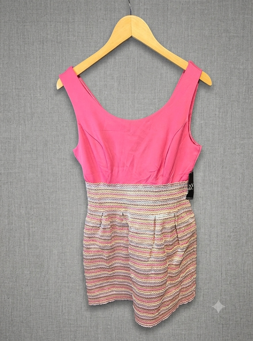 NWT New York & Company Pink & Multicolor Textured Zig Zag Mini Fit & Flare Dress