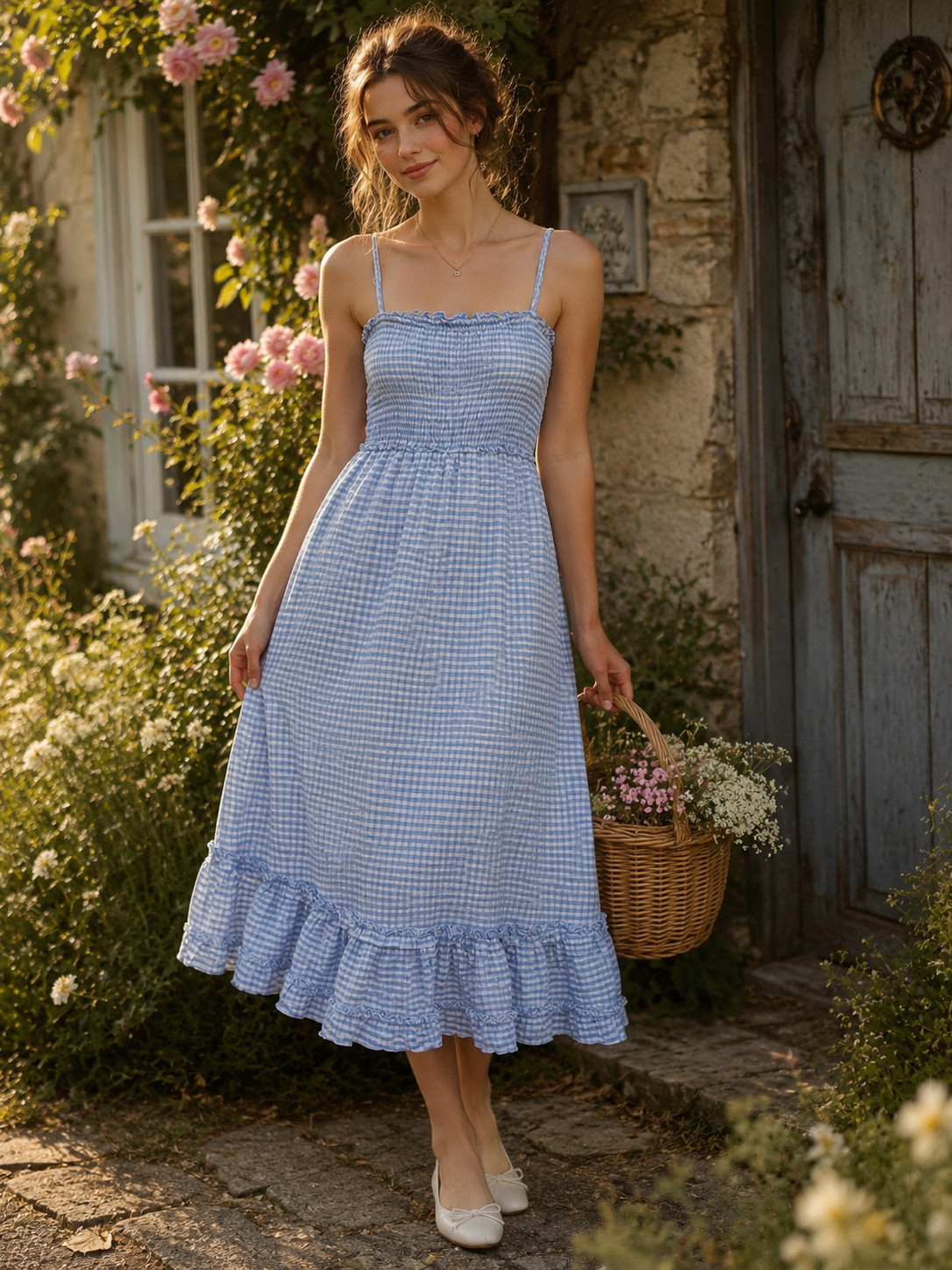 Cottagecore Blue Gingham Midi Sleeveless Straps Dress Size Medium Cotton