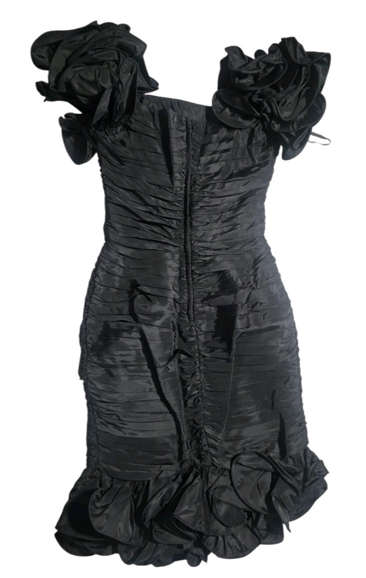 Cache Black Cocktail Party Dress W SZ 10 Satin Ruffle Sleeve Formal Midi Dress