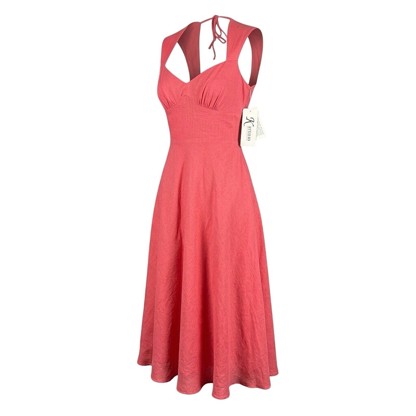 K Studio Linen Blend Midi Dress 14 Hot Melon Pink Coral Cutout Tie Back Summer