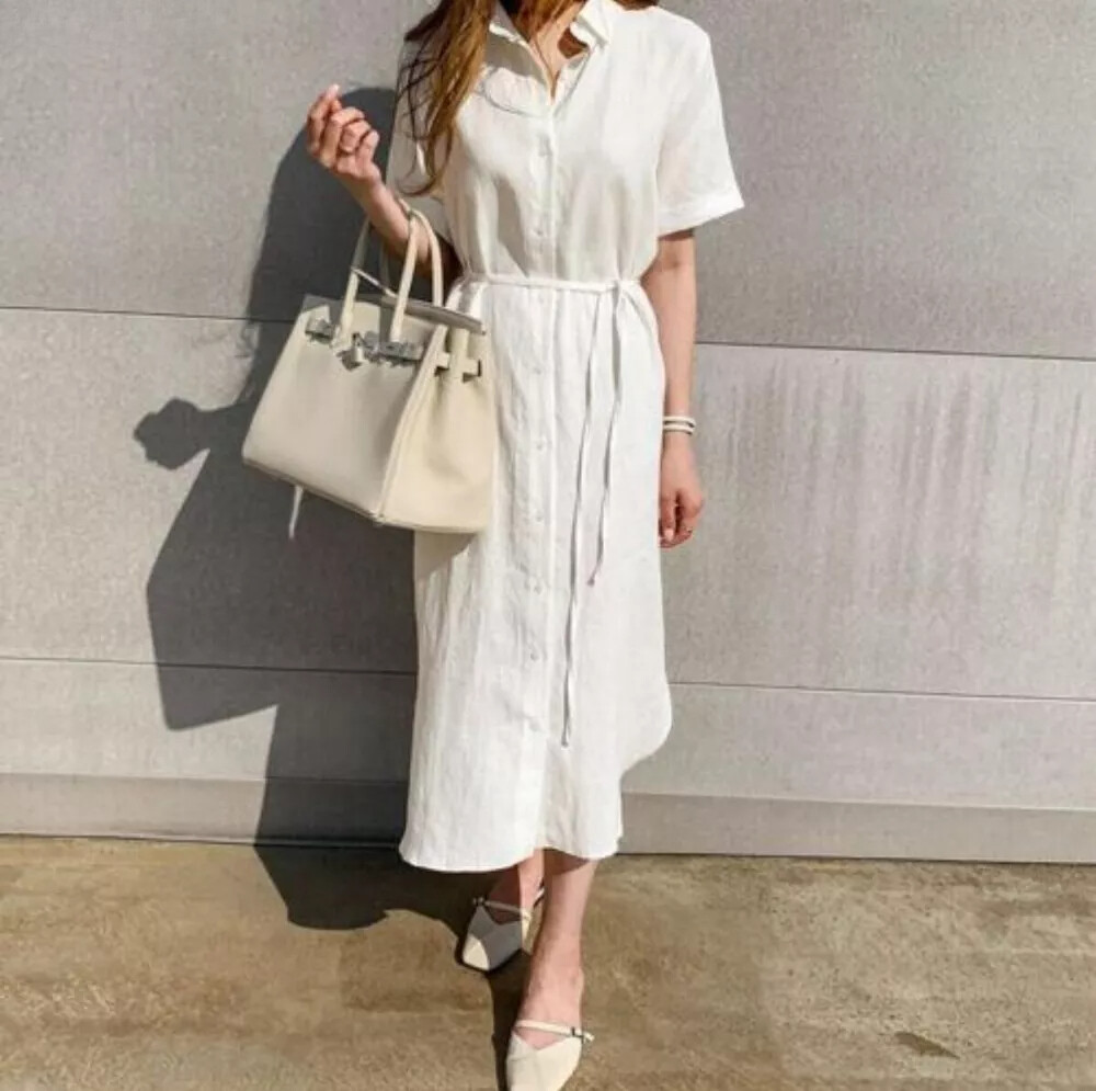 Lady Summer Casual Button-Down Shirt Dress Cotton Linen Long Tunic Beach Kaftan