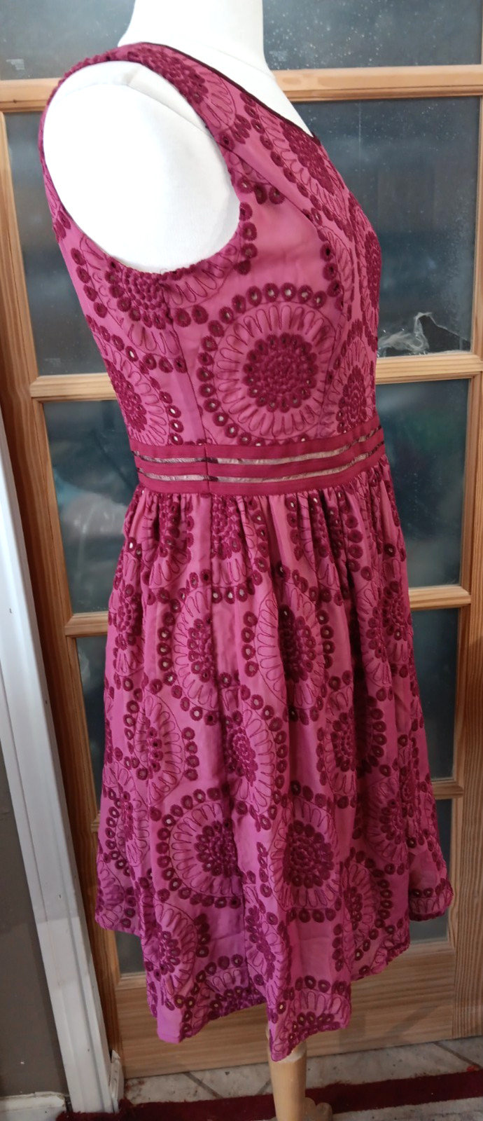 RYU Dress Fit Flare Crochet Cutout Lined Wine Boho Cottage Festival Sz L Knee