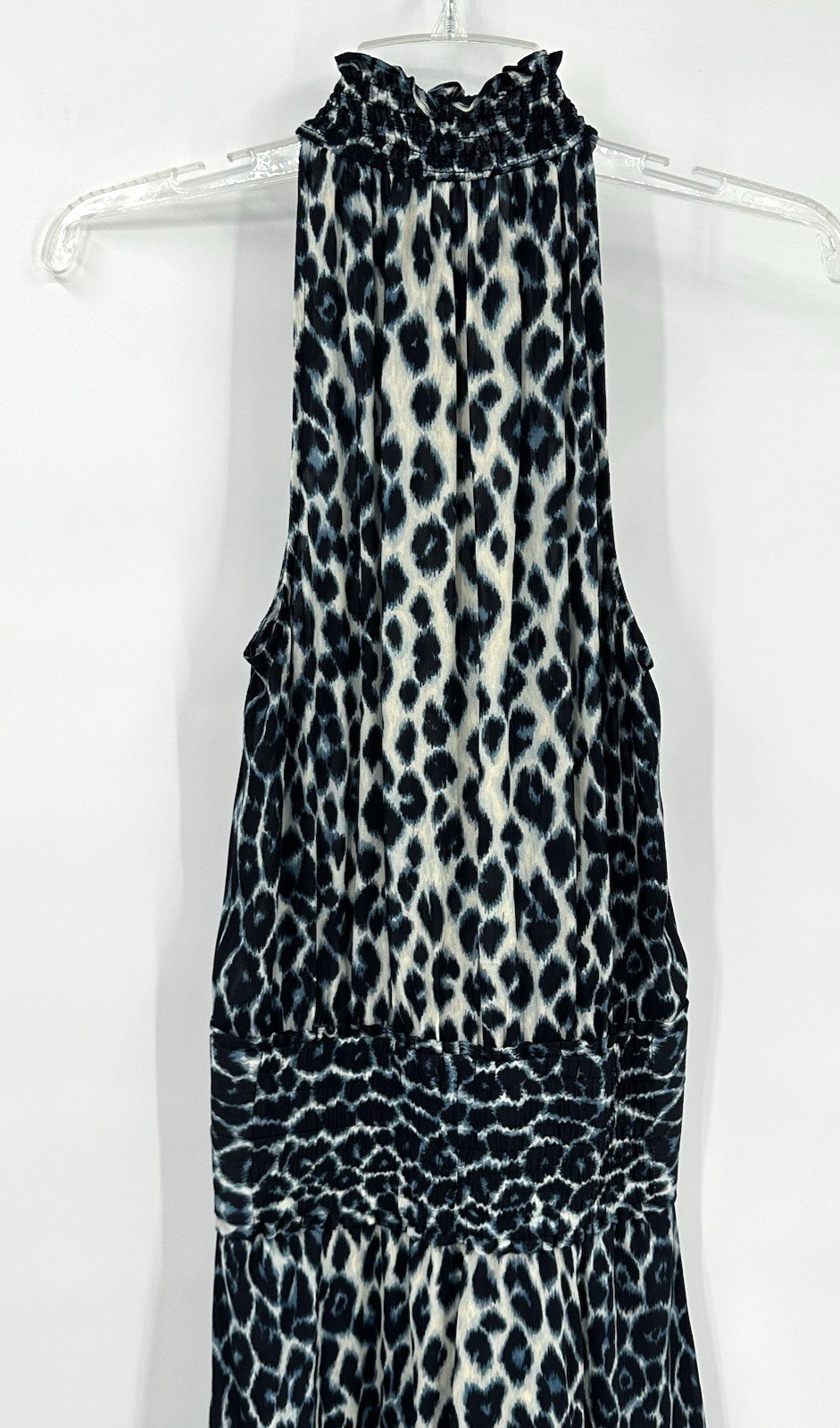 ALC CODY DRESS cream blue 2 leopard print halter cutout 100% silk midi sundress