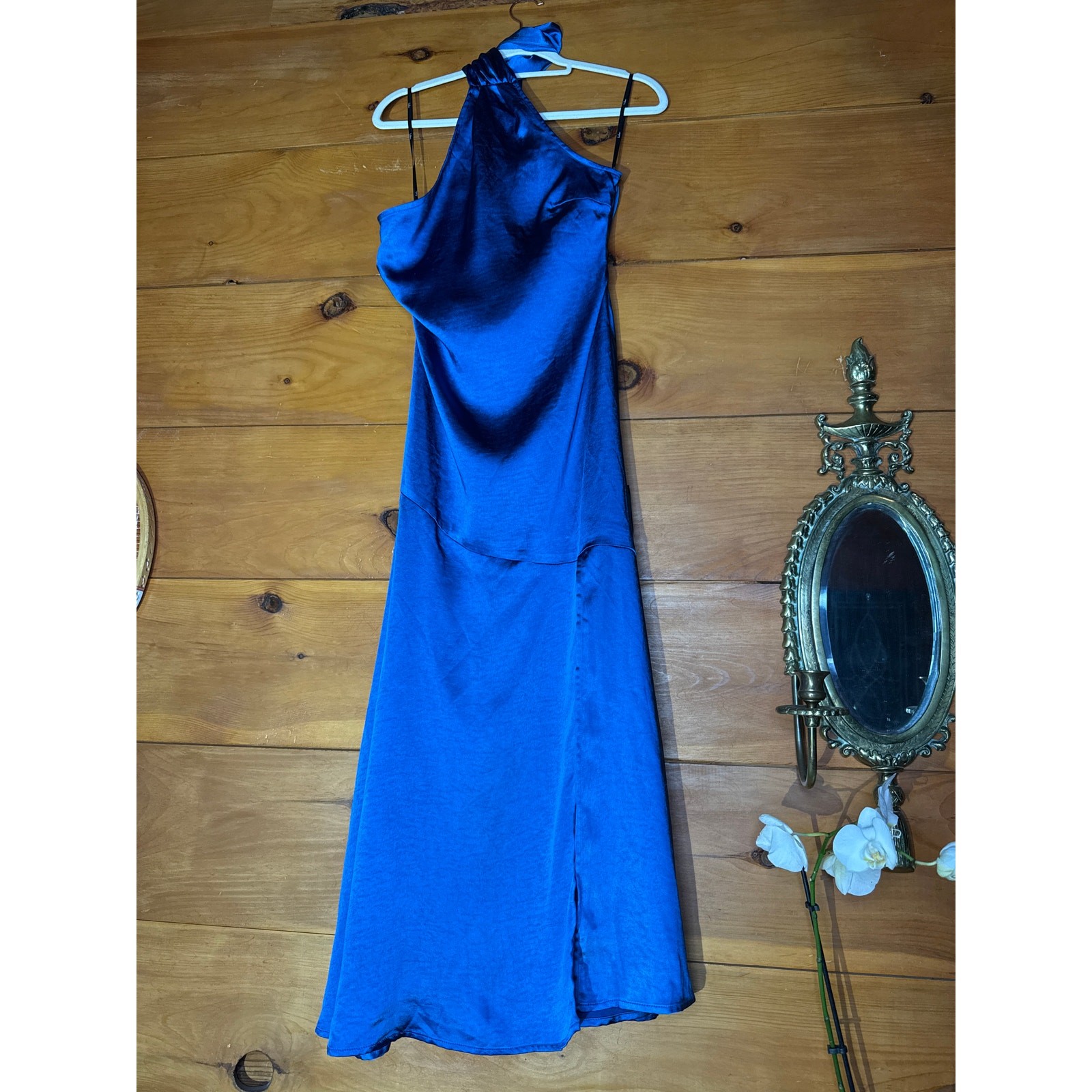 Lulus Reglan Blue Satin One-Shoulder Sash Midi Dress Holiday Party Extra Small