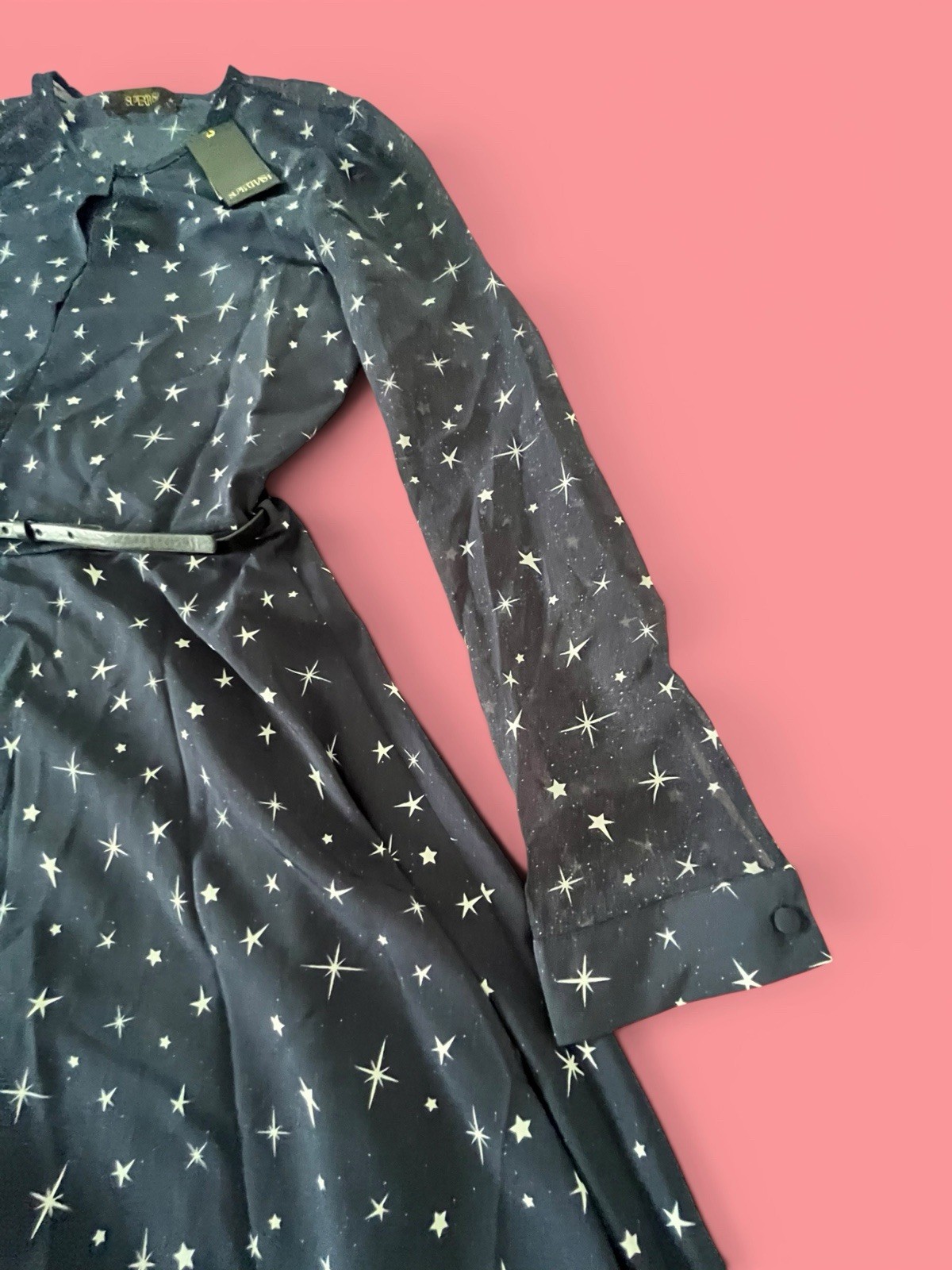 SUPERTRASH Sundress Celestial Navy/ Stars Long Sleeve Belted MSRP $176 S Med 36