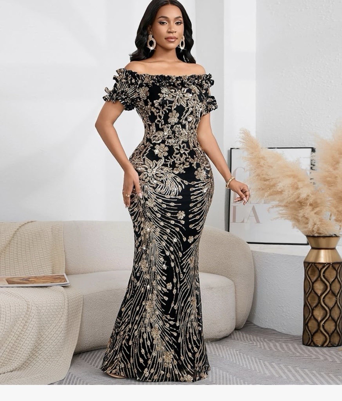 Sequin Off Shoulder Ruffle Short Sleeve Bodycon Mermaid Formal Evening Maxi XL