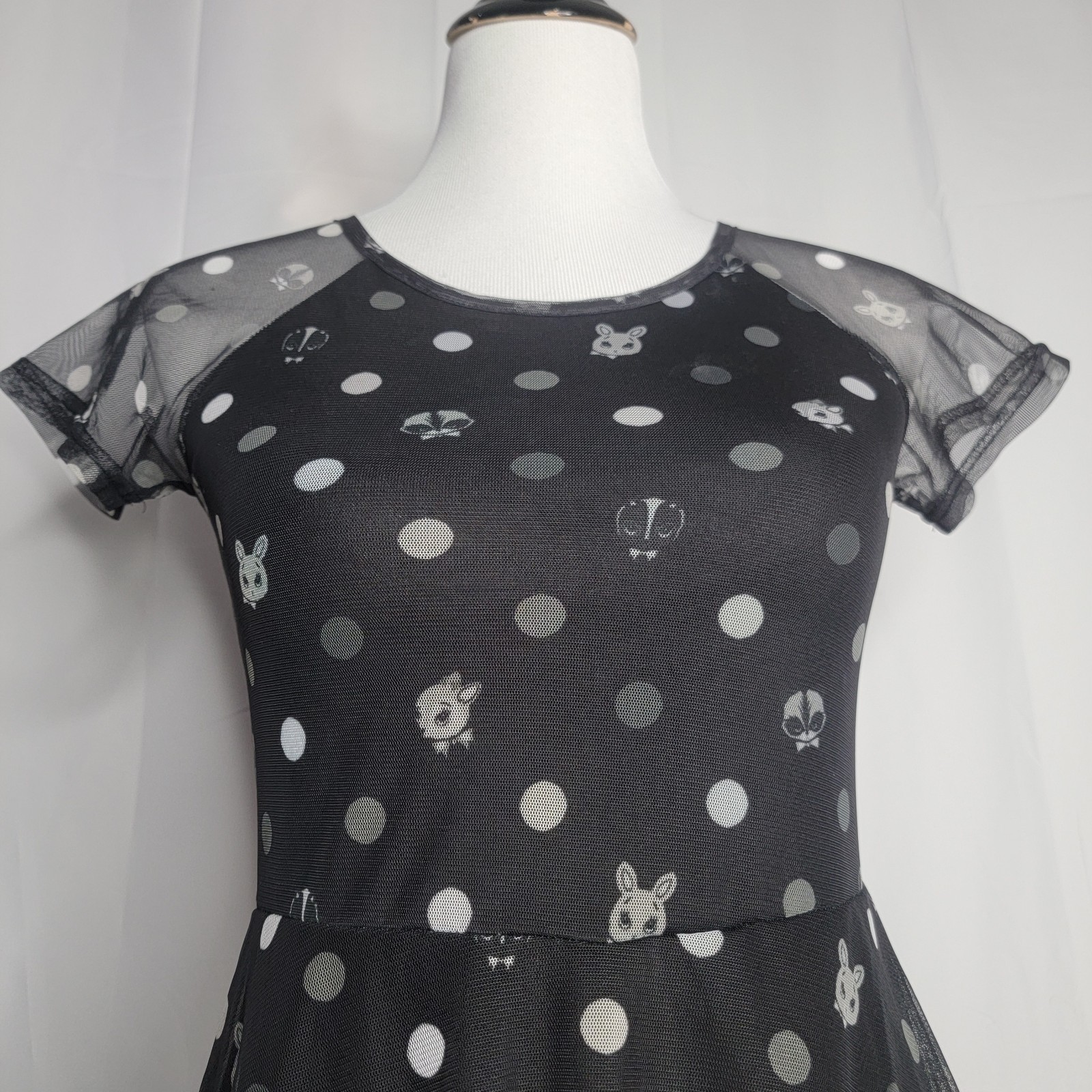 Fearless Illustration Dress Size Medium Black Bunny Animal Polka Dot Mesh EUC
