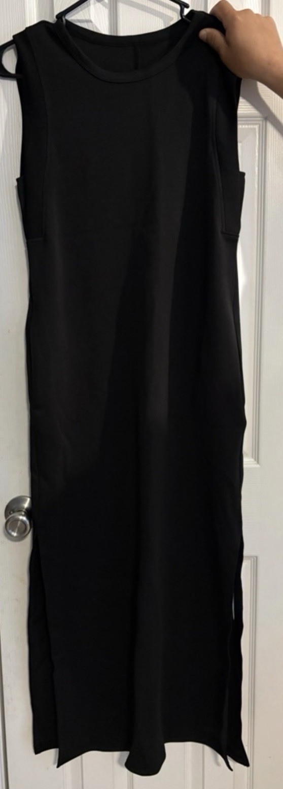 Women’s Black Solid Sleeveless Round Neck Pullover Maxi Dress XL Pockets Slits