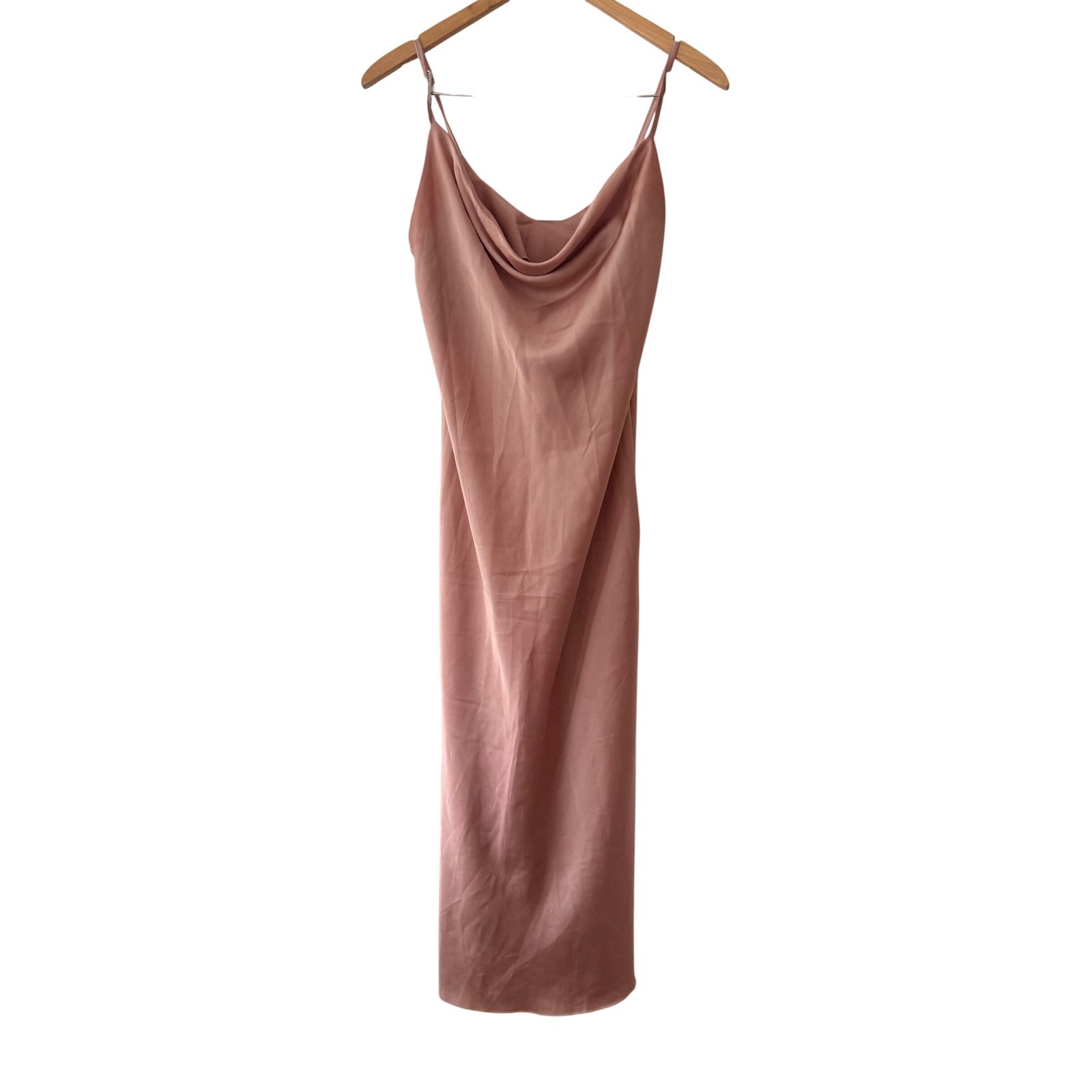 Y2K Satin Cowl Neck Midi Slip Dress Dusty Rose Pink Cocktail Formal Event Dress