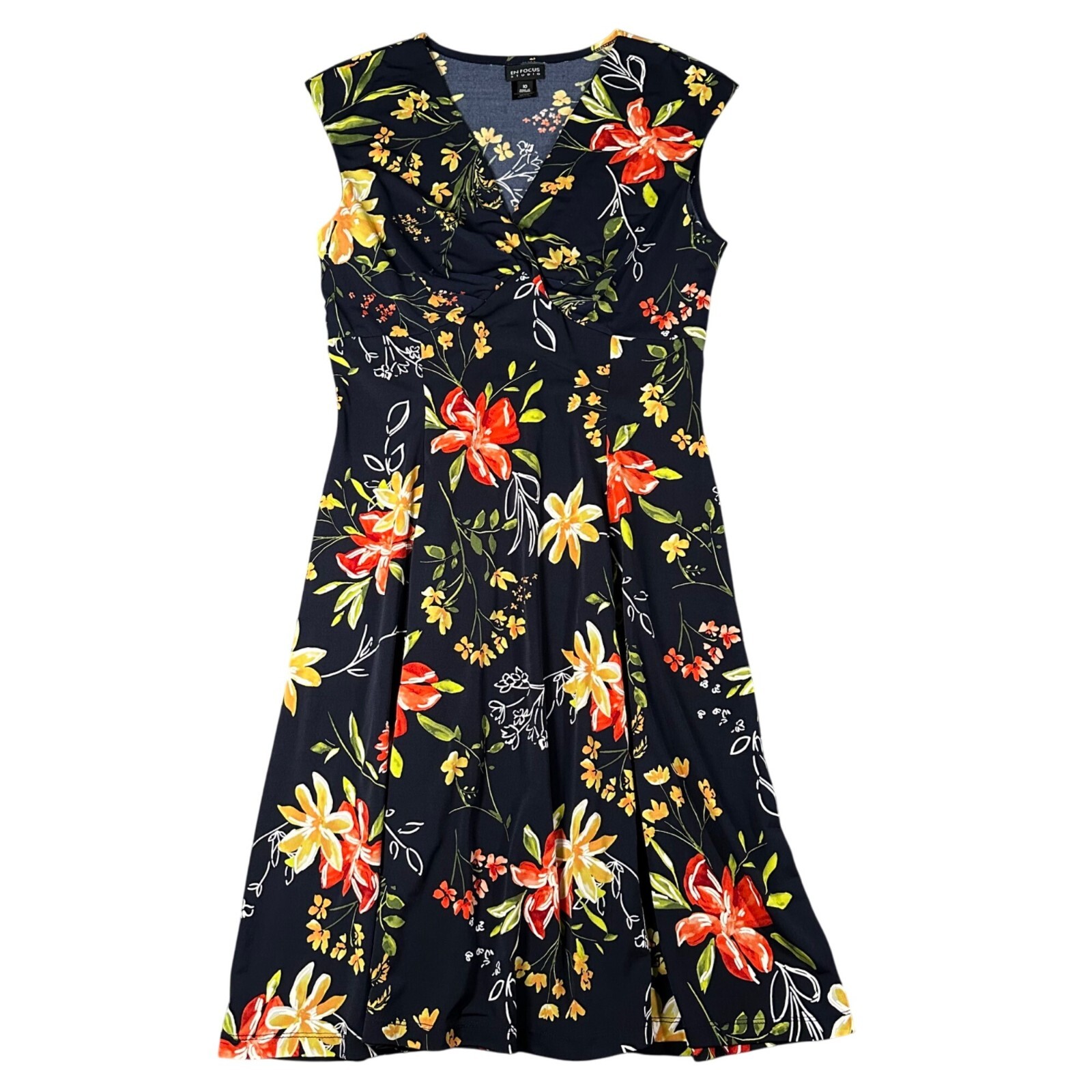 En Focus Studio Womens 10 Navy Floral V-Neck Cap Sleeve Sleeveless Dress