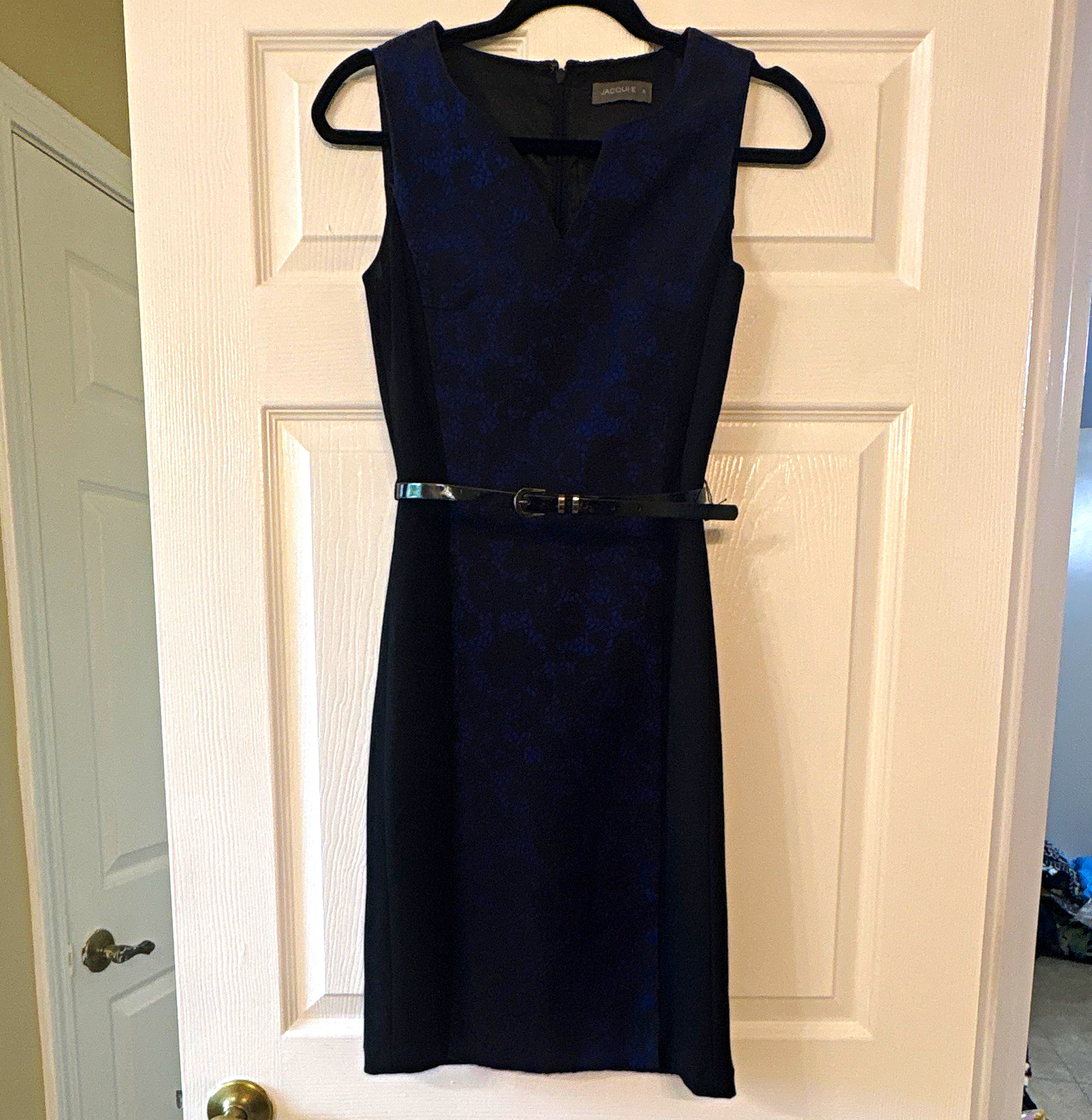 JACQUI-E Womens Size 6 Blue/Black Floral Lace Sheath V-Neck Lined Dress