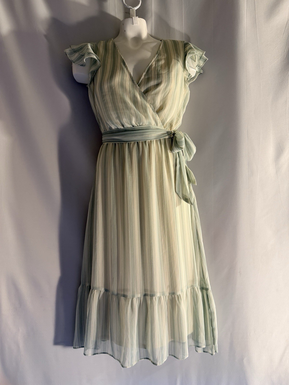Lauren Conrad Sage Green Striped Midi Wrap Dress XS Flutter Sleeve Ruffle Hem