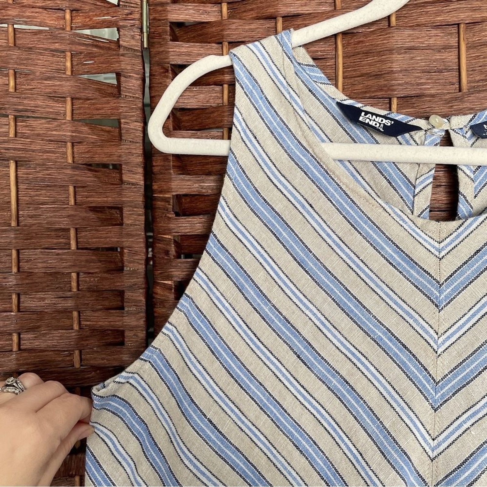 Lands’ End Sleeveless Striped Midi Dress 100% Linen Nautical Sailor Cruise, M.