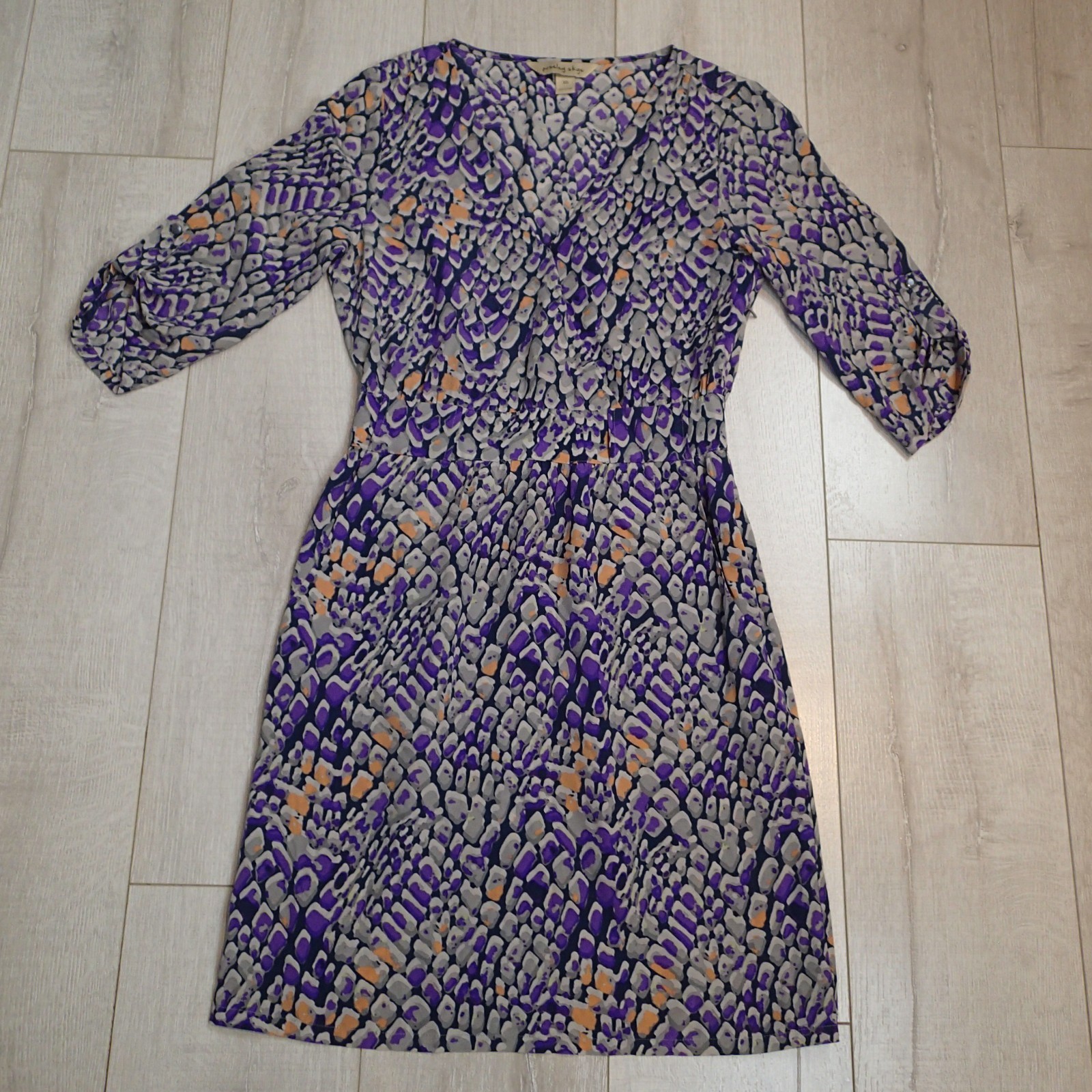 Presley Skye Dress xs Gray Purple Wrap Silk Roll Tab Sleeve v neck pockets