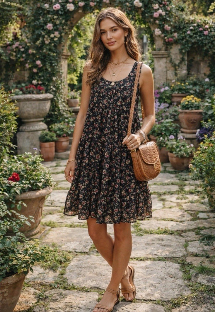An’ge Paris Tired Sleeveless Sheer Lined Mini Dress Black Floral Dotted Ruffle M