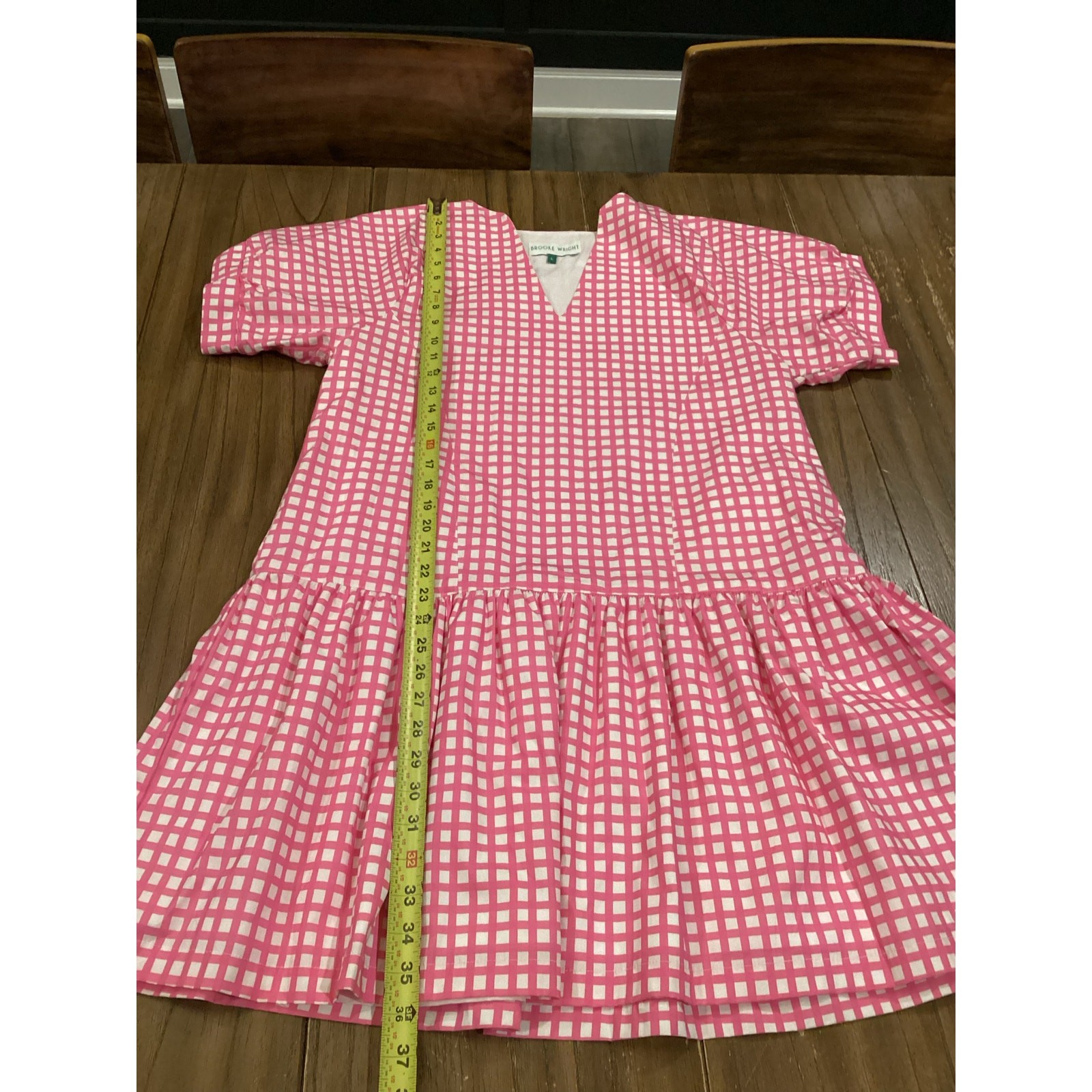 Brooke Wright lucy tiny pink check mini Dress Short Sleeve cotton linen ruffle L