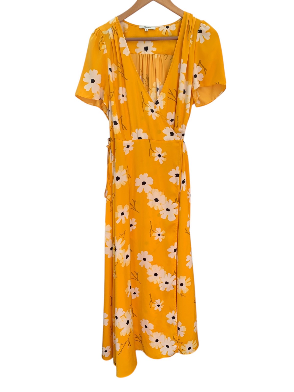 MADEWELL Puff Sleeve Wrap Dress Ikat Floral Midi Boho SZ LARGE Yellow
