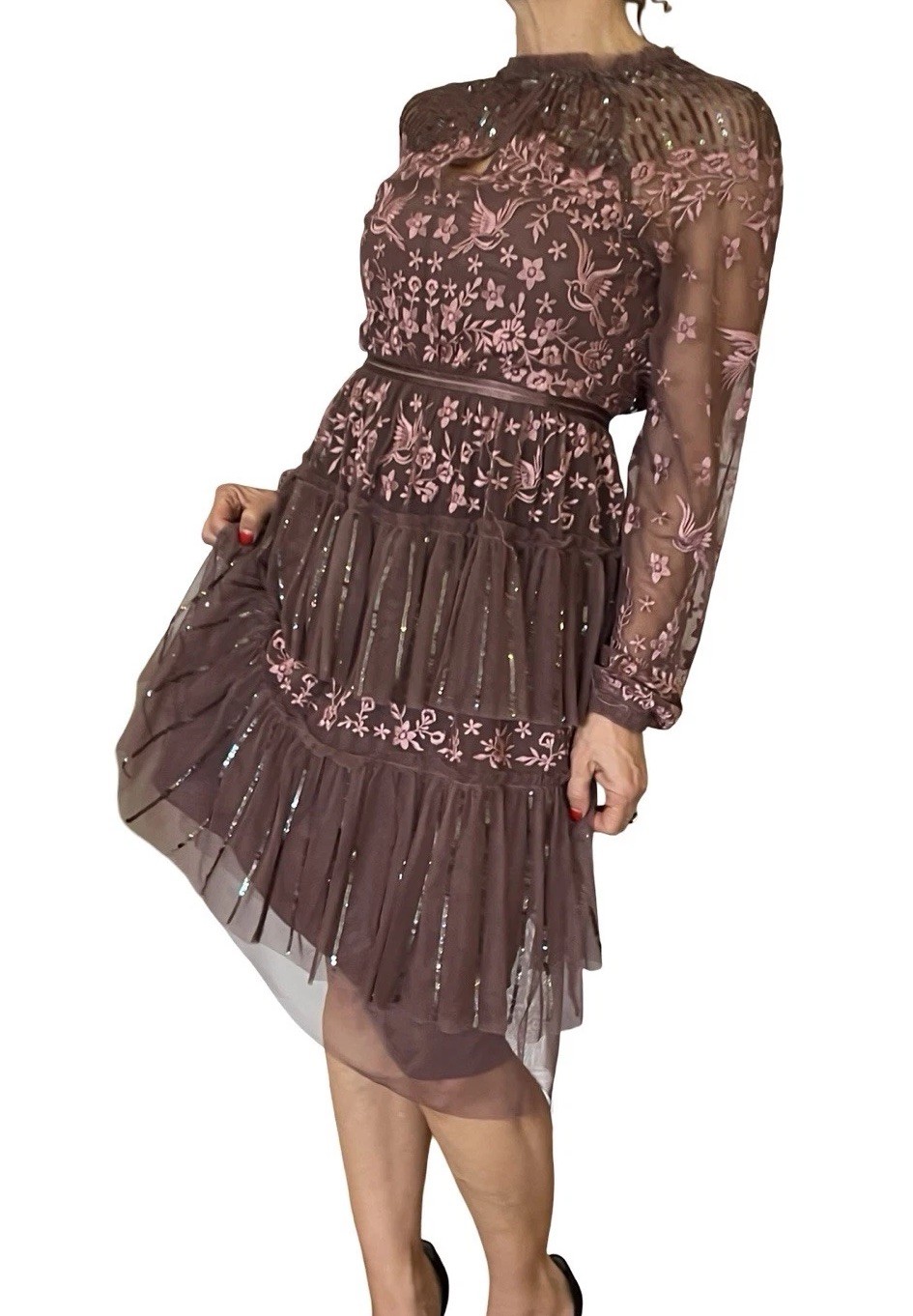 Needle and Thread Sequin Embroidered Tiered Dress sheer long sleeves 0 READ