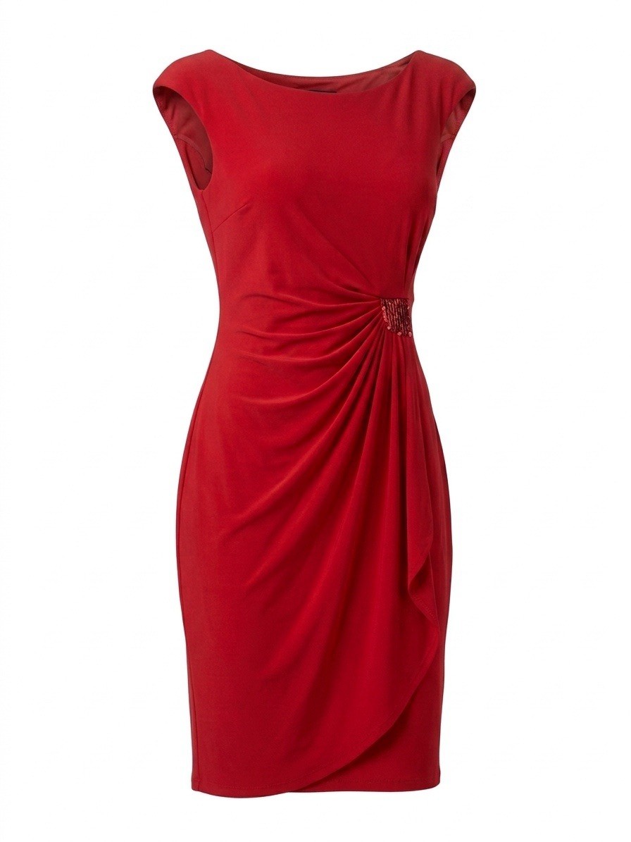 NWT Connected Apparel women’s Red Solid Ruched Sheath Dress Beaded Accent Size 6
