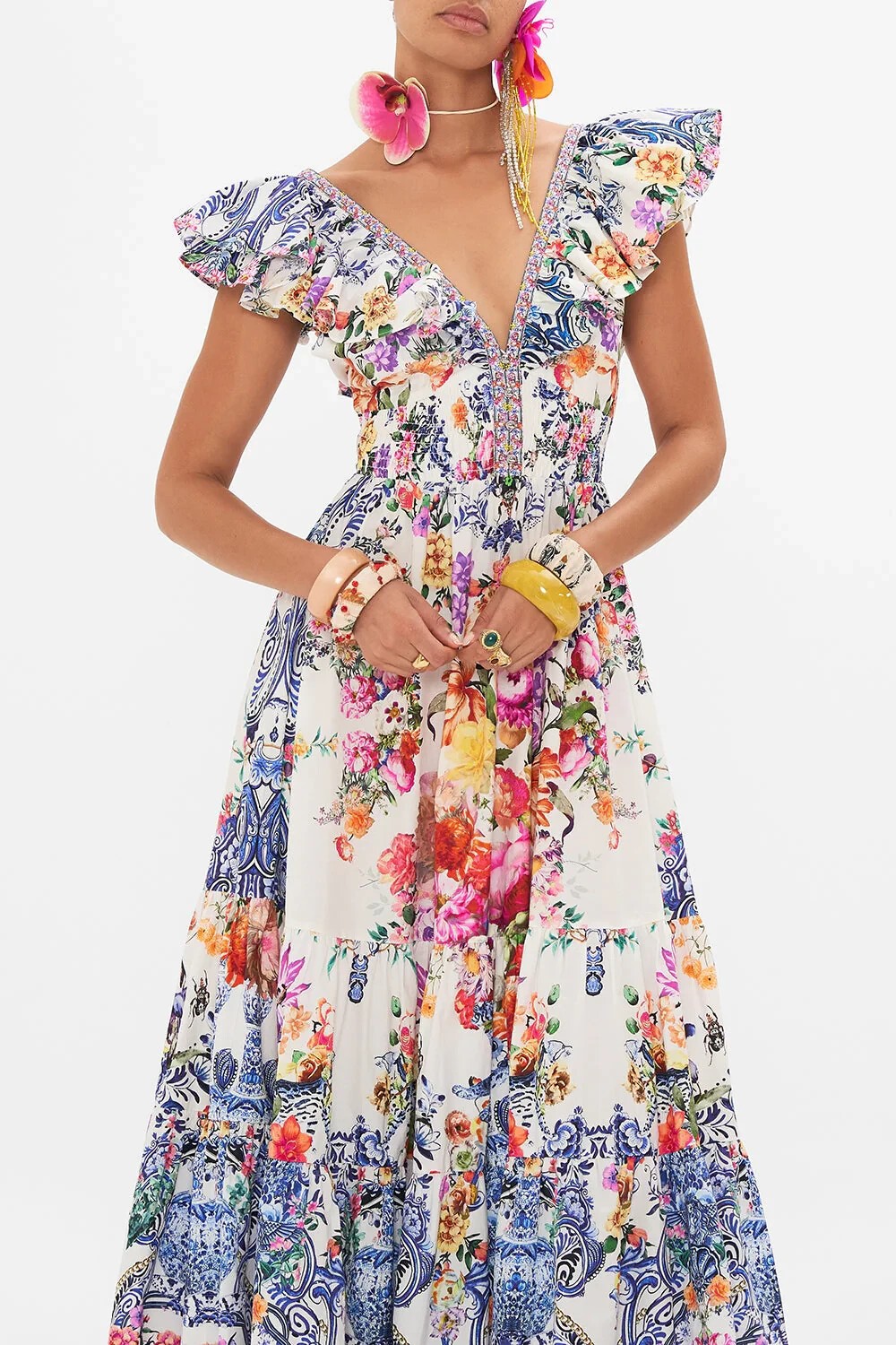 CAMILLA “Dutch Is Life” Tiered Frill Cotton V-Neck Open Back Maxi Dress, L $899
