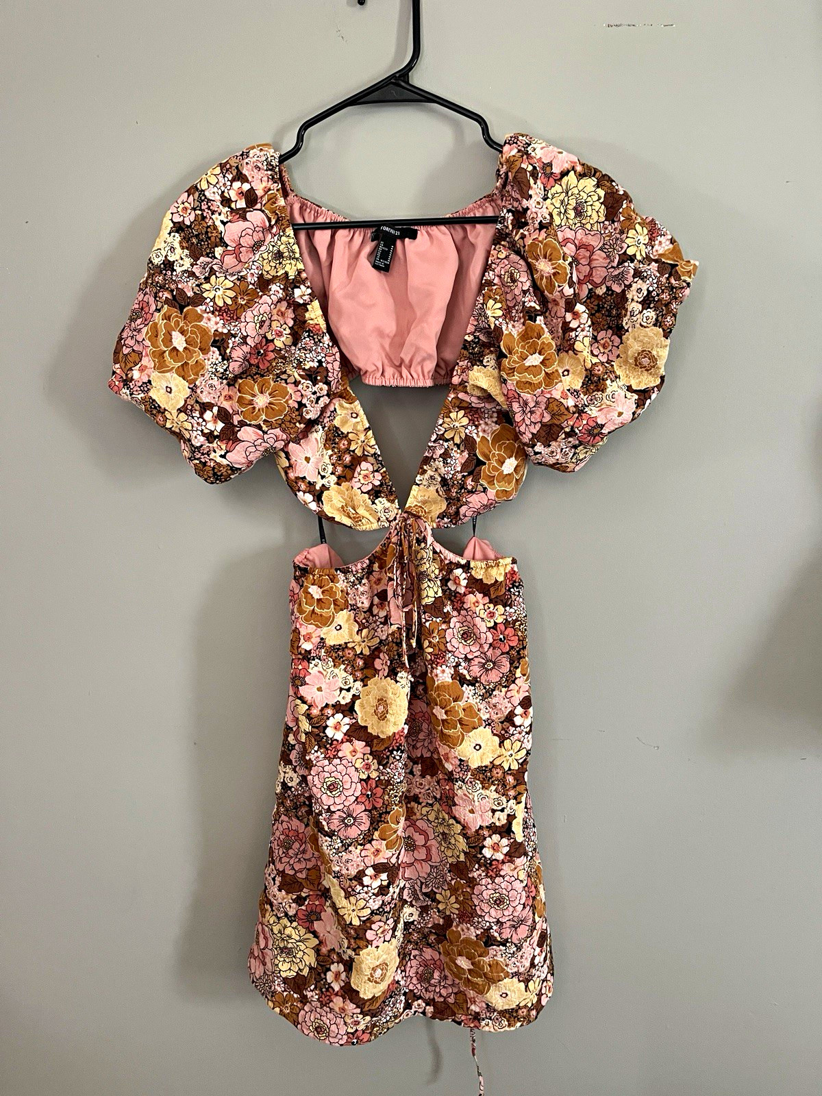 FOREVER 21 Pink/Brown/Cream Floral Square Neck Puff Sleeve Cutout Mini M