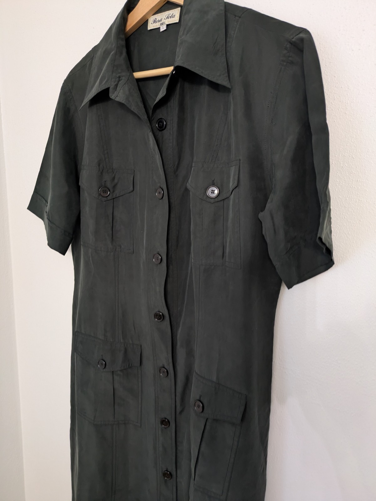 Pura Seta 100% Silk Black Button Front Collared Maxi Shirt Dress L Pockets