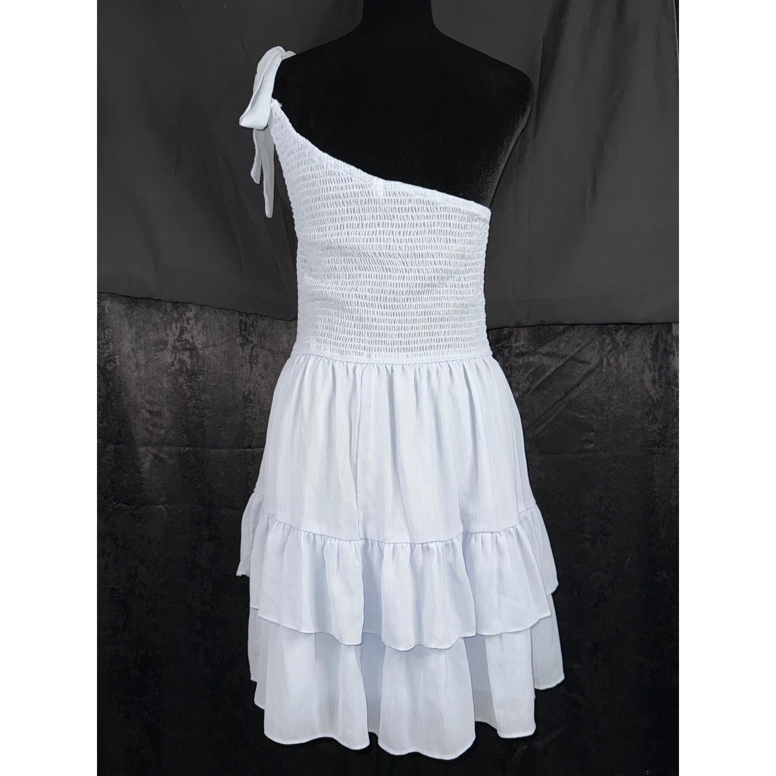 One Shoulder Smocked Tiered Ruffle Mini Dress White Large Tie Strap Summer
