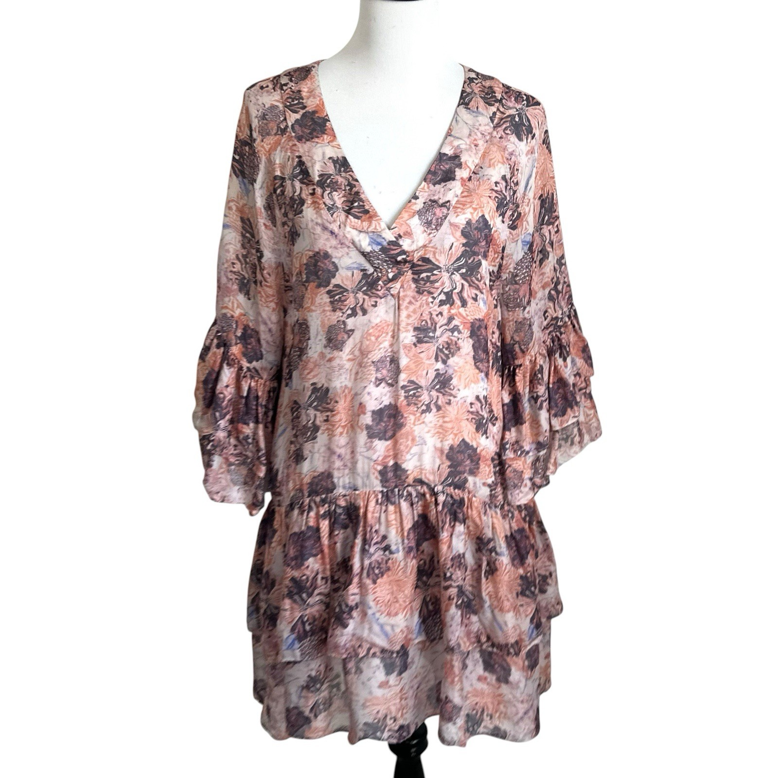 IRO Womens Vanille Floral Print Layered Ruffle Mini Dress Sz 36 Drop Waist