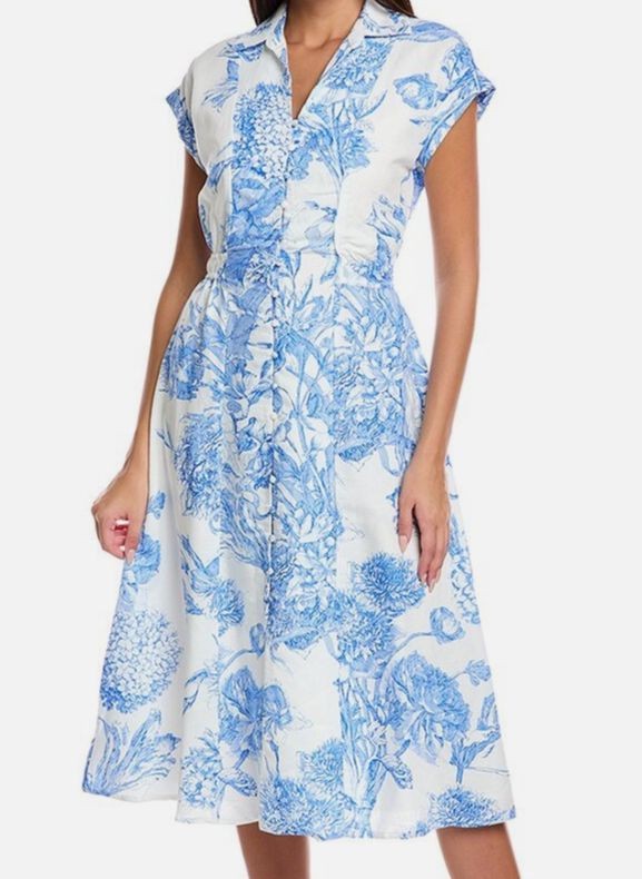 T Tahari Women’s Blue and White Button Linen-Blend Shirt Dress Size S
