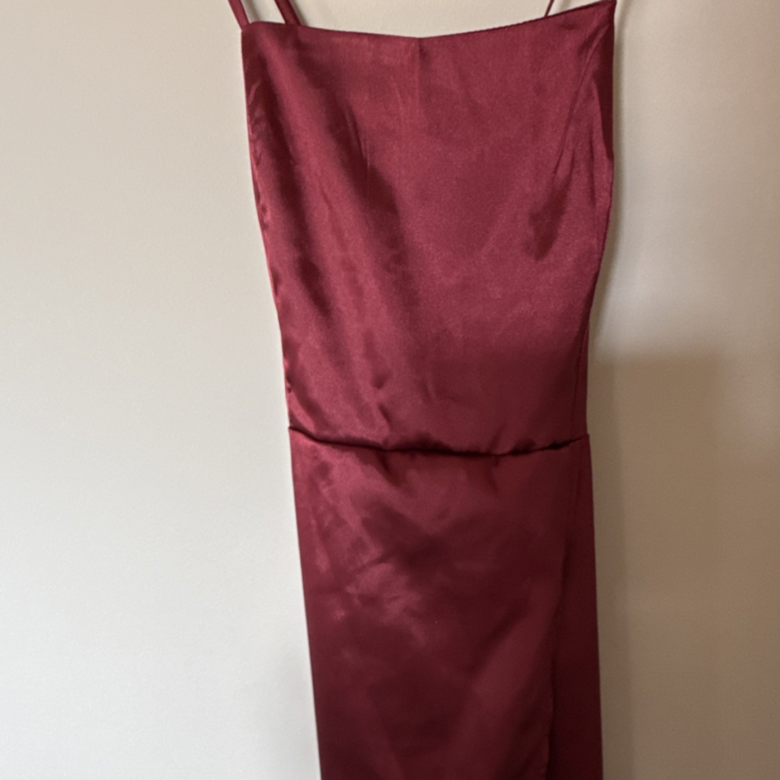 Burgundy Satin Strappy Lace Up Side Slit Lined Long Gown Dress M