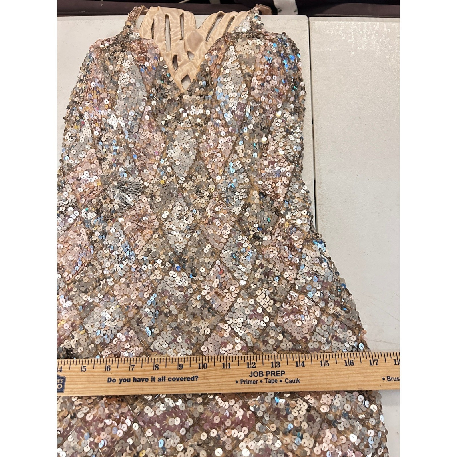 Gold Silver Sequin Formal Gown High Slit Maxi Dress MEDIUM Holiday Prom Party