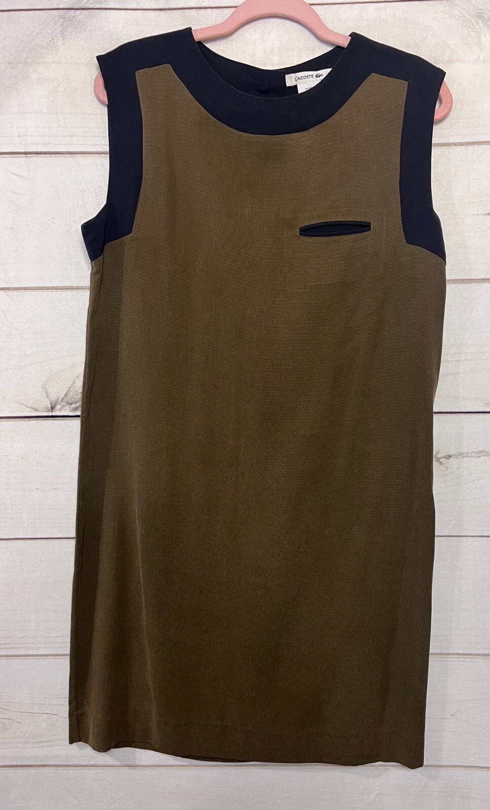 LACOSTE Sleeveless Sheath Dress Olive Black Colorblock Pocket Button Back Women