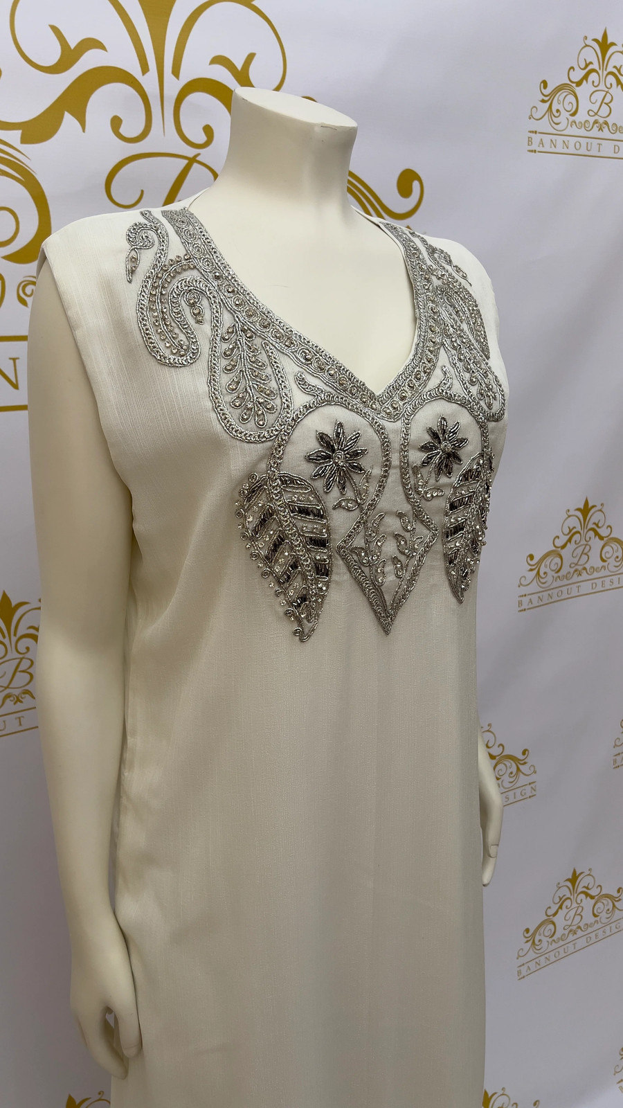 Fancy Kaftan Caftan Abaya 3 Pcs. Leaves Embellished Embroidery & Silver Beads