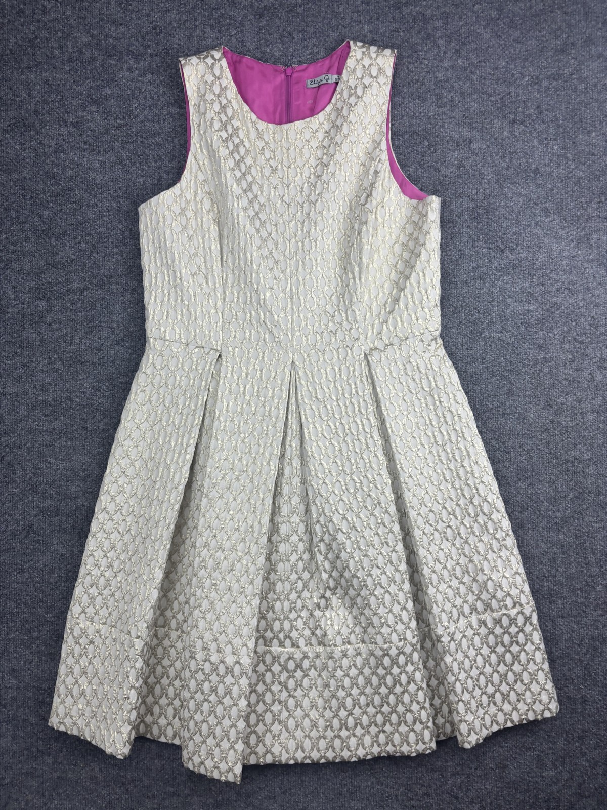 Eliza J Dress Womens 14 Cream Gold Brocade Fit Flare Sleeveless Pockets Party
