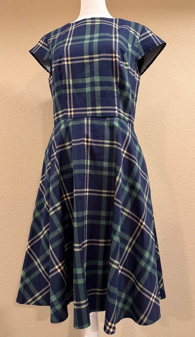 PUKAVT Navy Green Plaid A-Line Knee Length Boat Neck Cap Sleeve Dress L