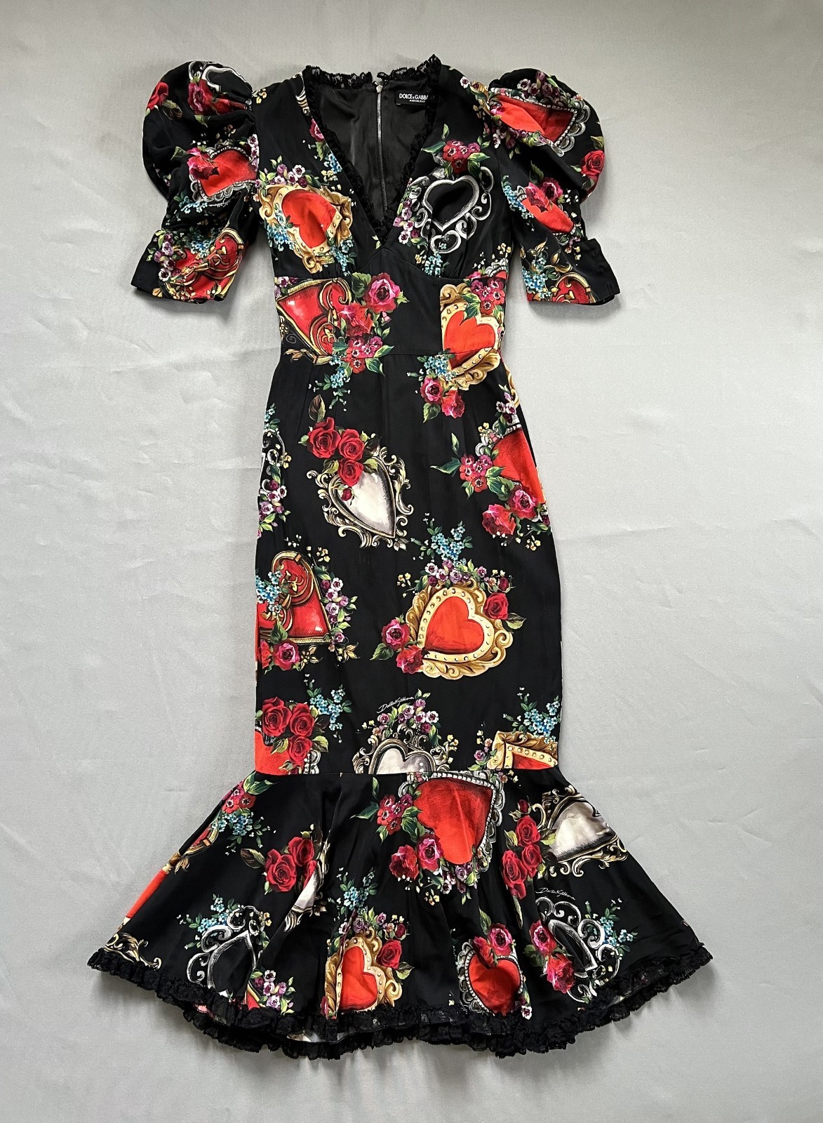 Dolce & Gabbana SACRED HEART SILK LACE TRM MERMAID MIDI DRESS UK 6 US 2 XS SZ 38