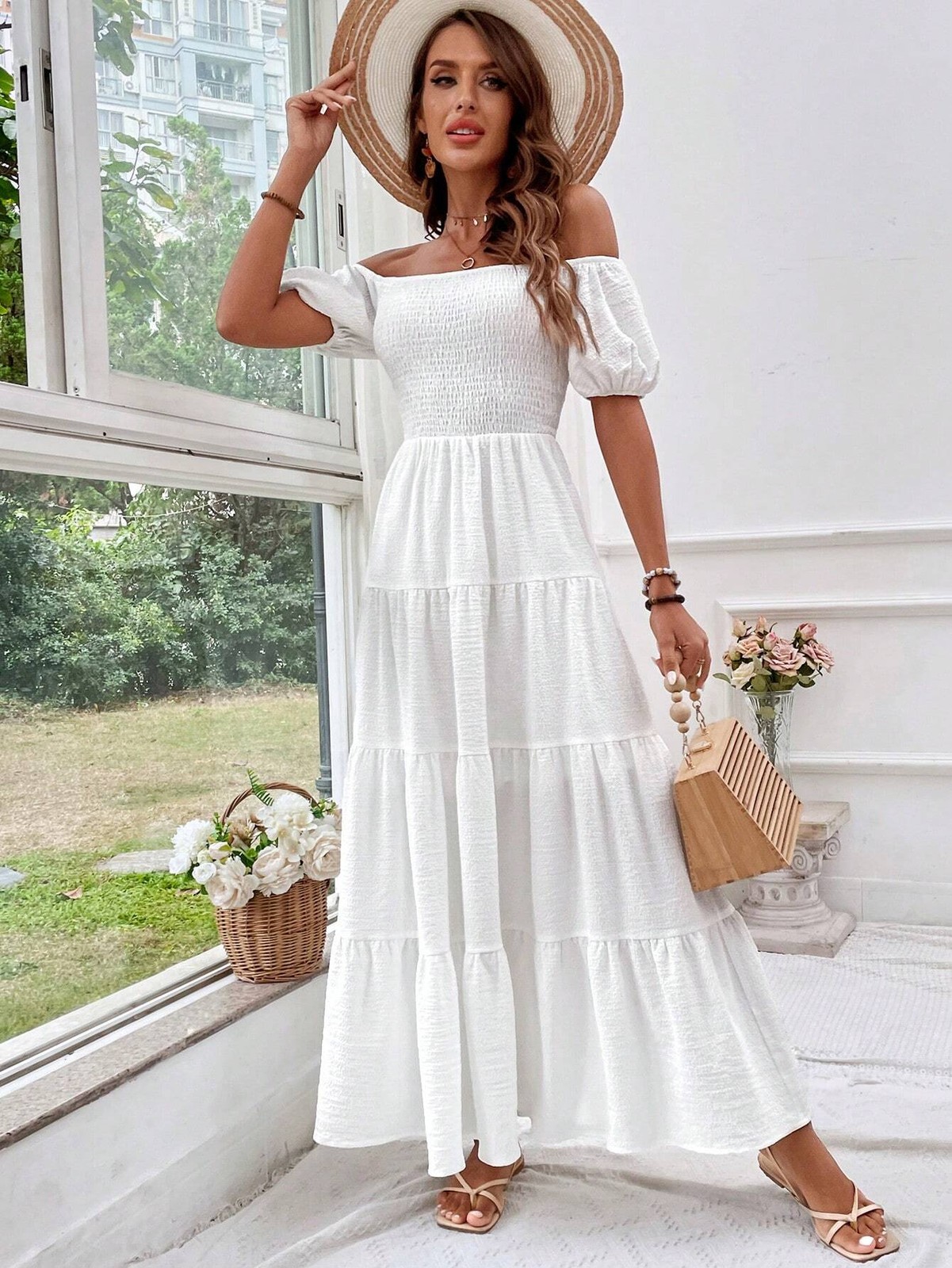 Elegant ladies off shoulder holiday dress in white