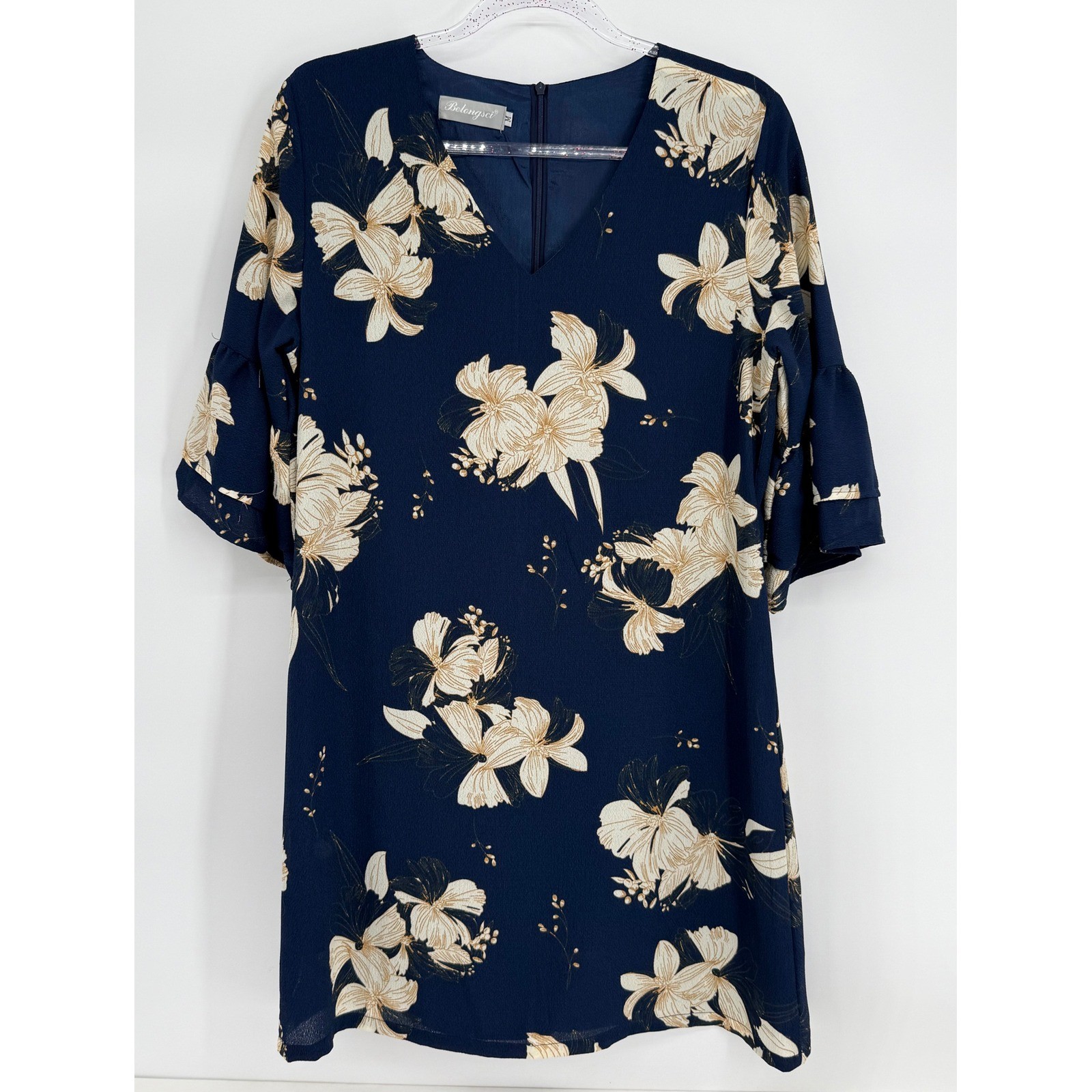 Belongsci Womens Navy Blue Floral V-Neck Bell Sleeve Shift Dress Sz M