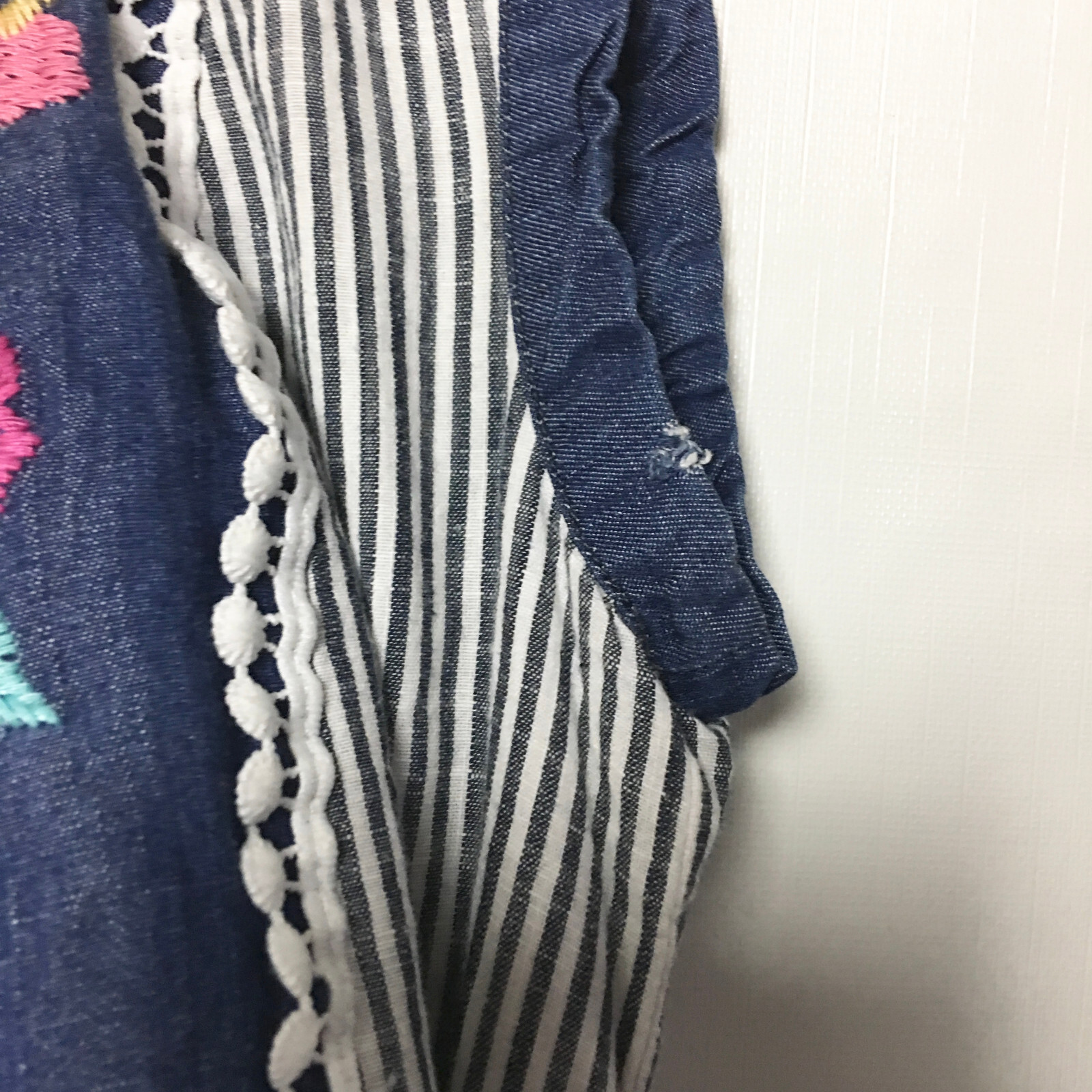 Savanna Jane Womens Small Mini Dress Tunic Blue Stripe Embroidered Flower Bib
