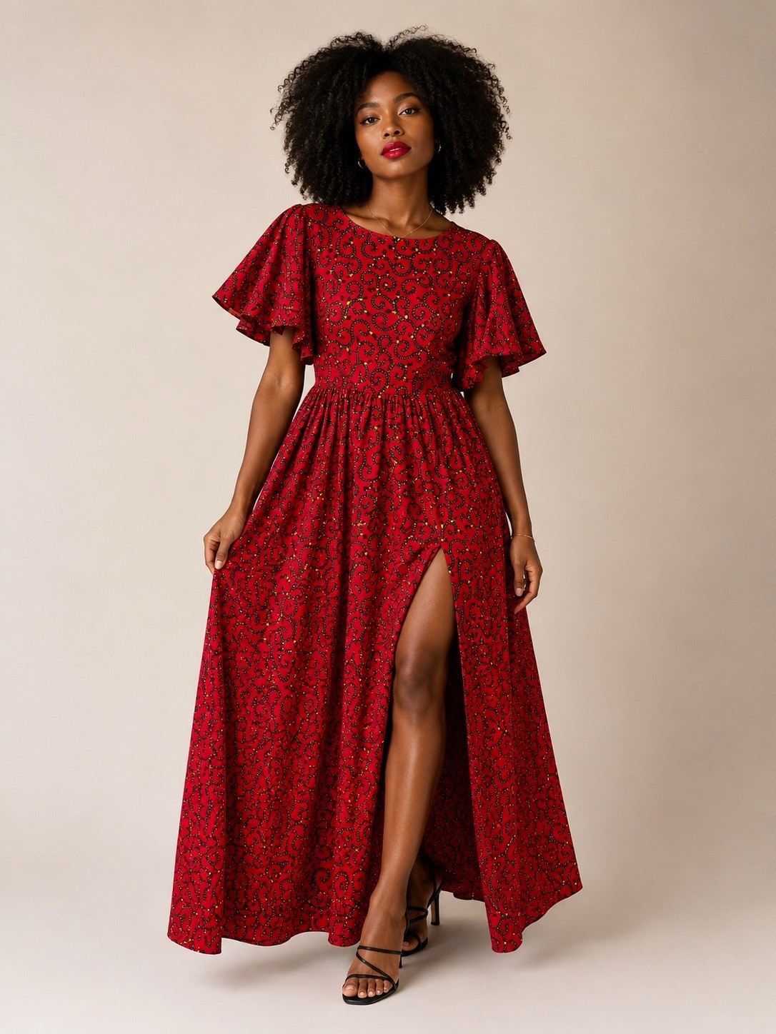 Handmade Ankara African Wax Print Formal Ocassion Dress Red Flutter Sleeve XL
