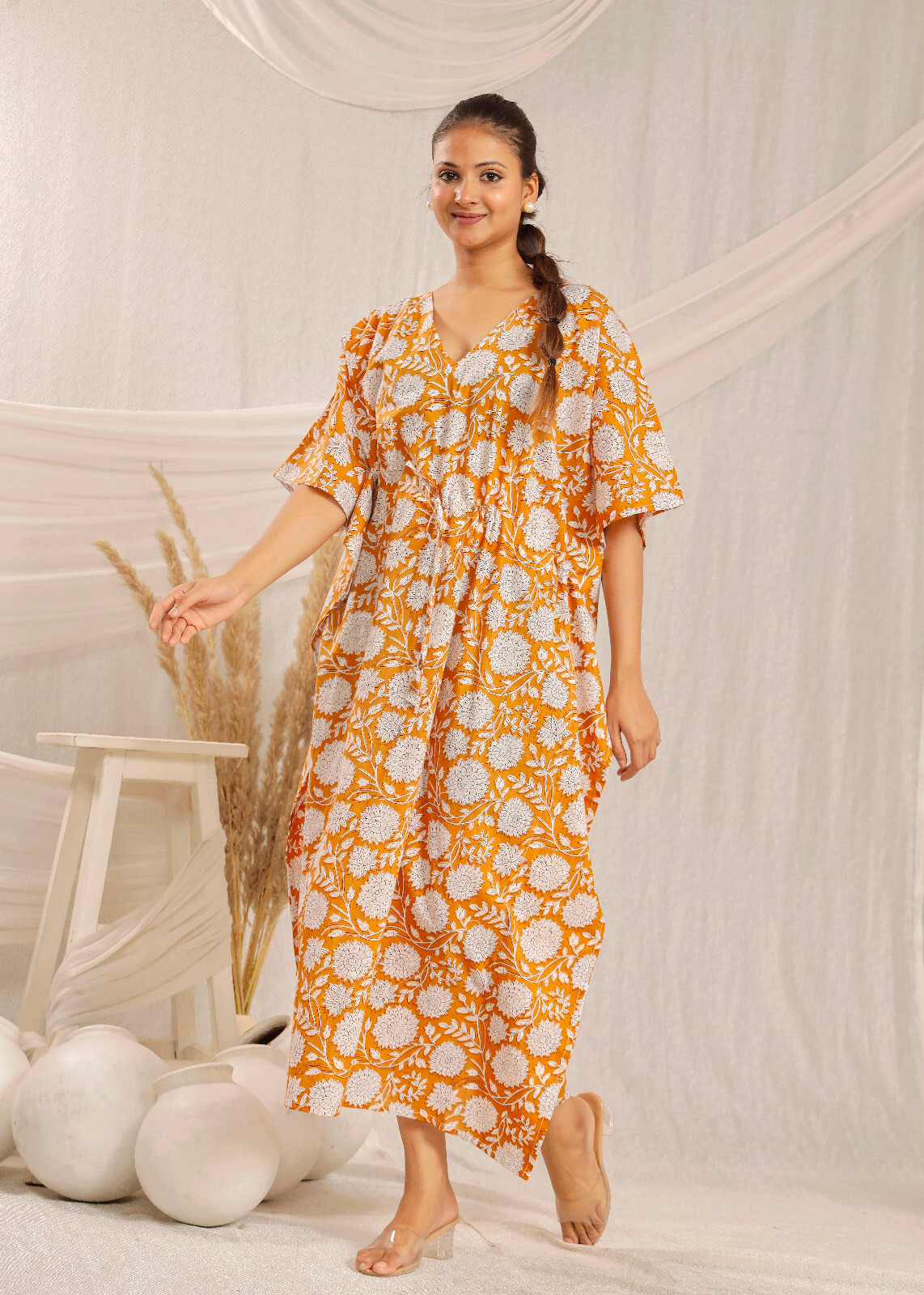 Beautiful white and orange color flower print kaftan modern kaftan dress
