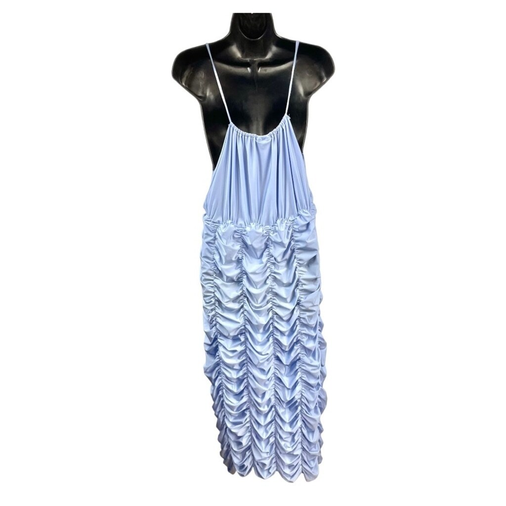 Ester Manas Periwinkle One Size Spaghetti Straps Ruched Stretch Midi Dress