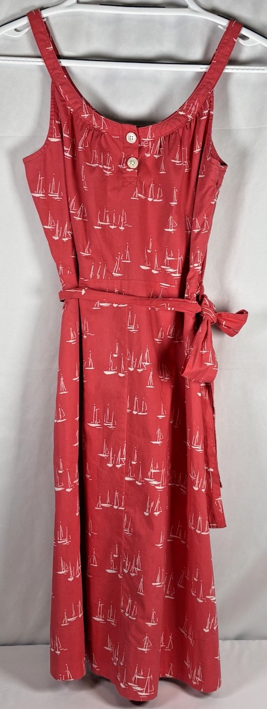 Land’s End Canvas Red Sailboat Print Lined Cotton Sundress Belt Zip Sz 0 Resort