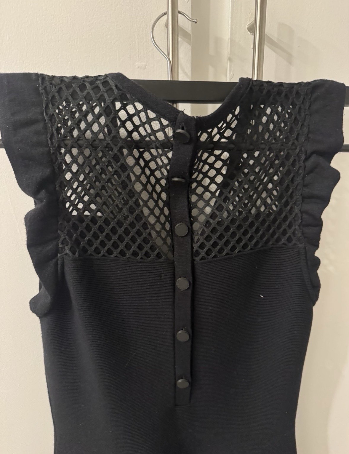 Women’s Black Solid Sleeveless V-Neck Dress Crochet Mesh Yoke Button Ruffle