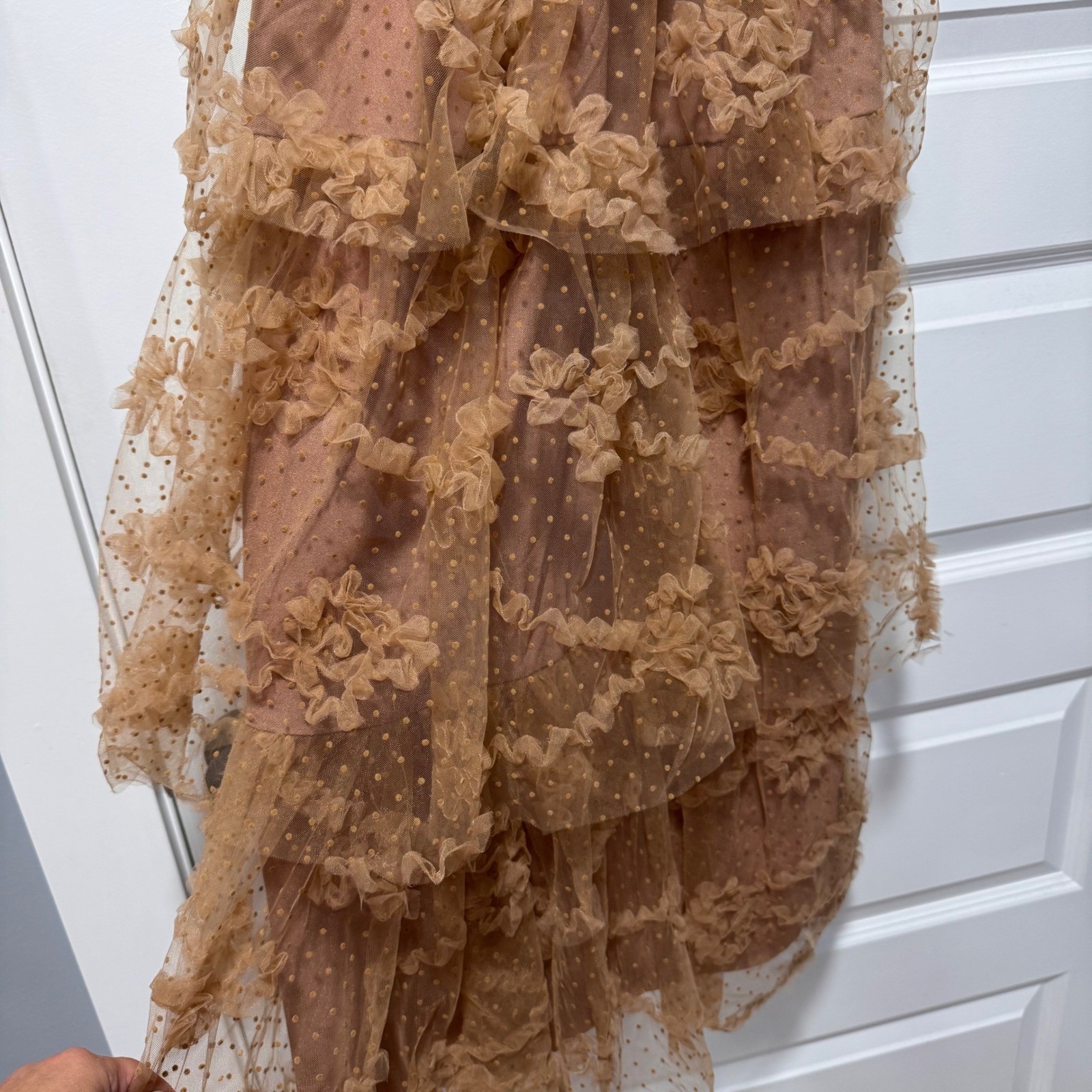Just Me Tan Tulle Swiss Dot Tiered Ruffle Midi Dress