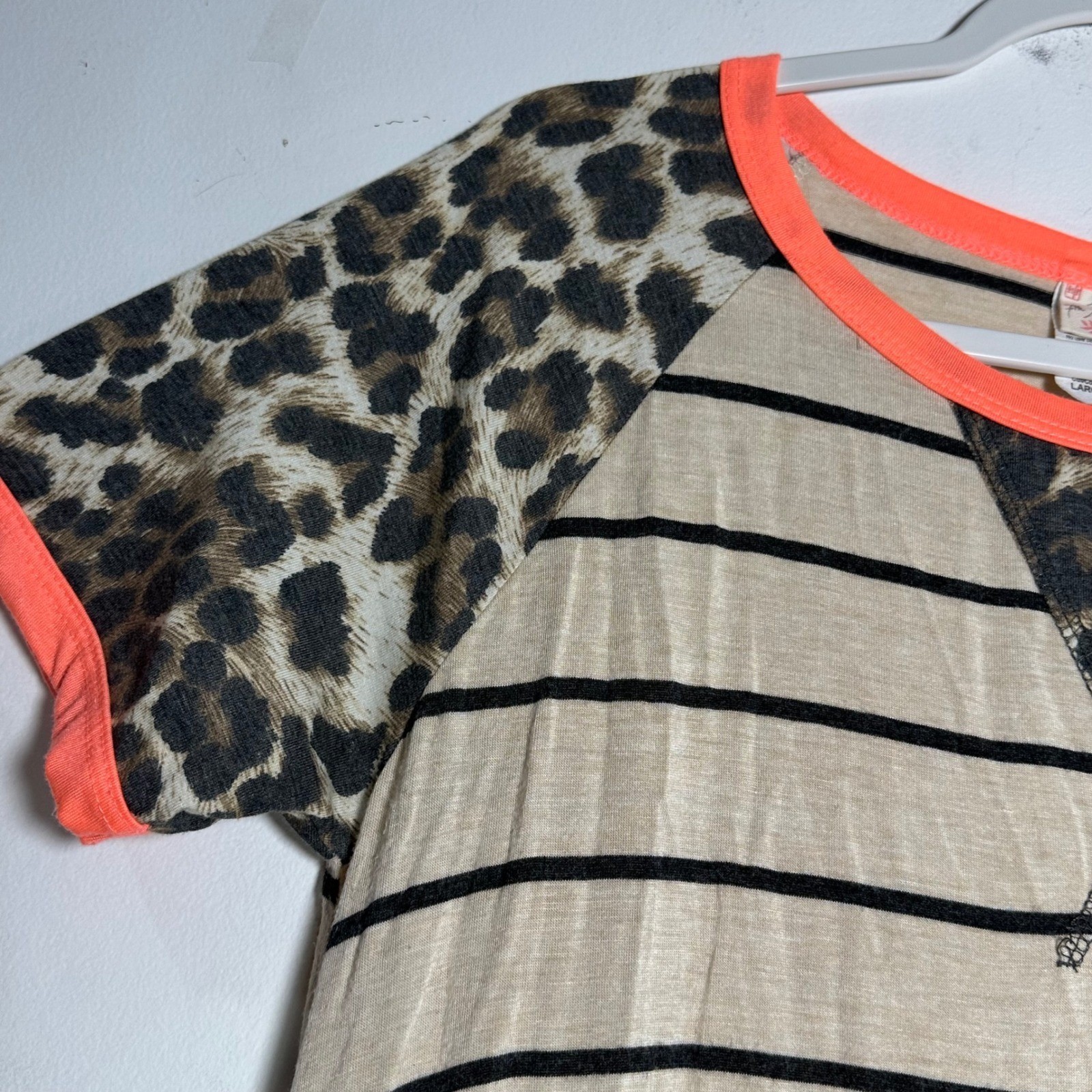 7th Ray Womens Striped Leopard Raglan T-Shirt Dress Neon Orange Trim Large