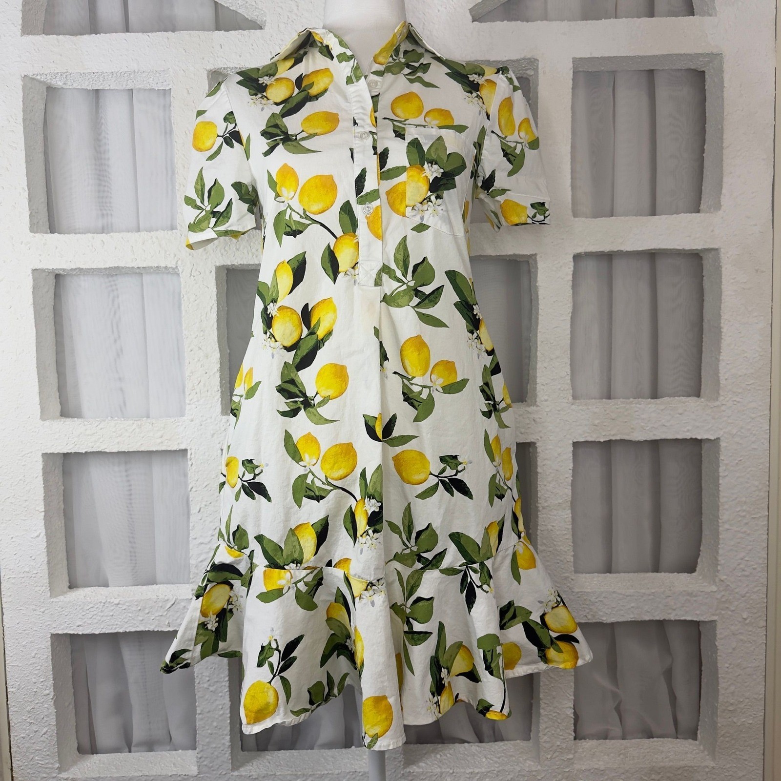 Cynthia Rowley Lemon Print Ruffle Hem Shirt Dress White Yellow Mini Small